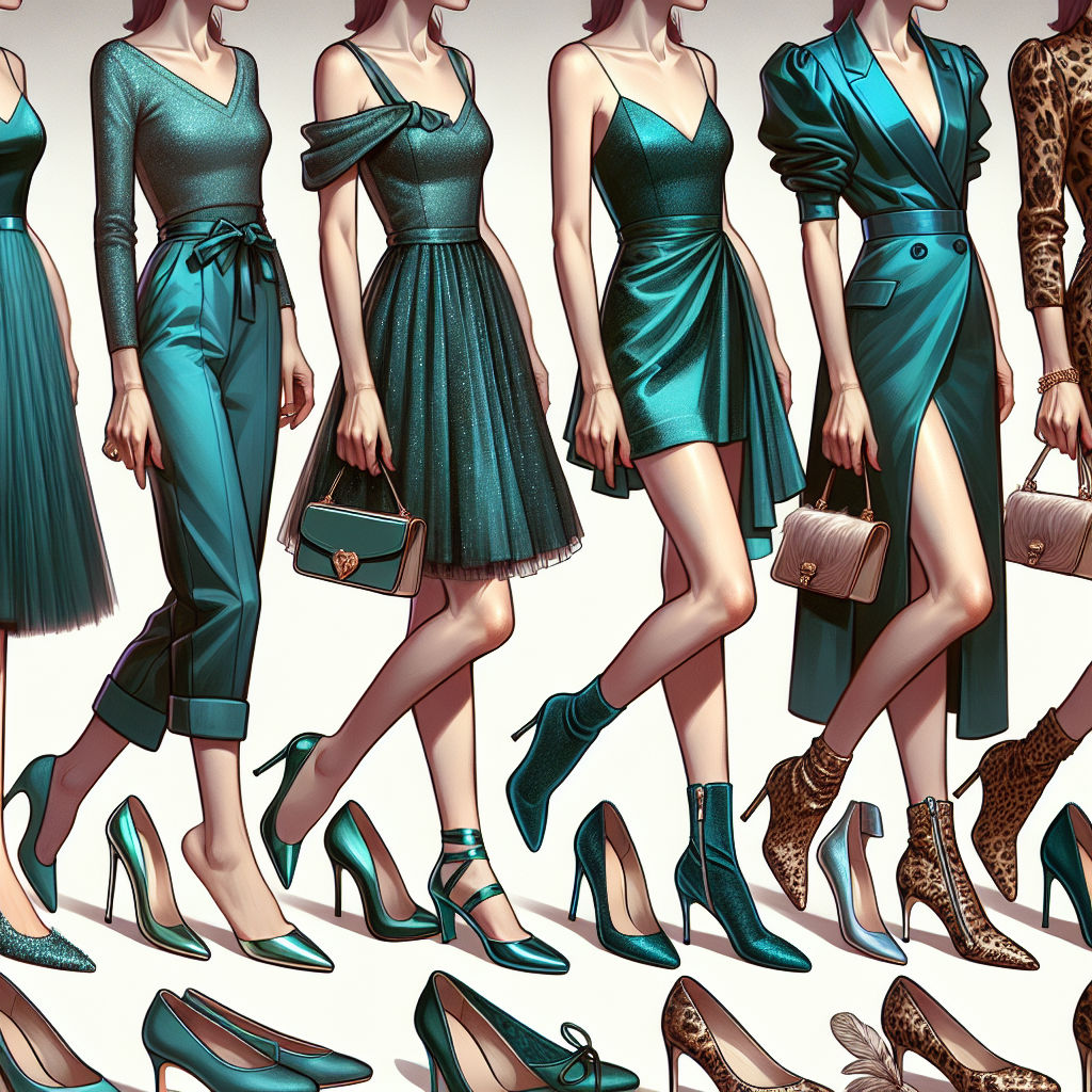 A collection of fashionable shoes from heels to ballet flats that perfectly match with a teal dress. The first pair are ballet flats in a shining metallic hue that adds an elegant but understated match to the teal dress. The second pair are gleaming gold stilettos that provide a glamorous contrast to the teal of the dress. The third pair are velvet loafers in a saturated teal shade identical to the dress, creating a seamlessly coordinated look. The fourth and last pair are daring animal print boots that challenge convention and introduce a bold, unexpected matching option for a teal dress. A South Asian woman is trying on each pair of shoes.