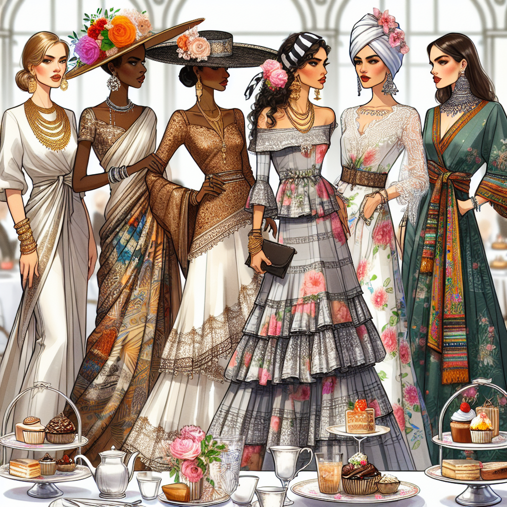 Stunning High Tea Outfits for Every Woman Imagine a fashion show representing a variety of high tea outfits for women from various backgrounds, each showcasing their unique style. First, we see a South Asian woman wearing a traditional silk saree paired with an intricate gold jewelry set. Next, we have a Hispanic woman in an elegant, flamenco-inspired dress with a large-brimmed hat decorated with flowers. Thirdly, picture a black woman wearing an African printed A-line dress intensified by her statement headwrap. Lastly, imagine a Middle-Eastern woman sporting a stylish kaftan adorned with sequins and pearls. The background reflects the sophisticated ambiance of a high tea party with dainty floral-patterned china, silver cake stands, and an array of sweet treats.