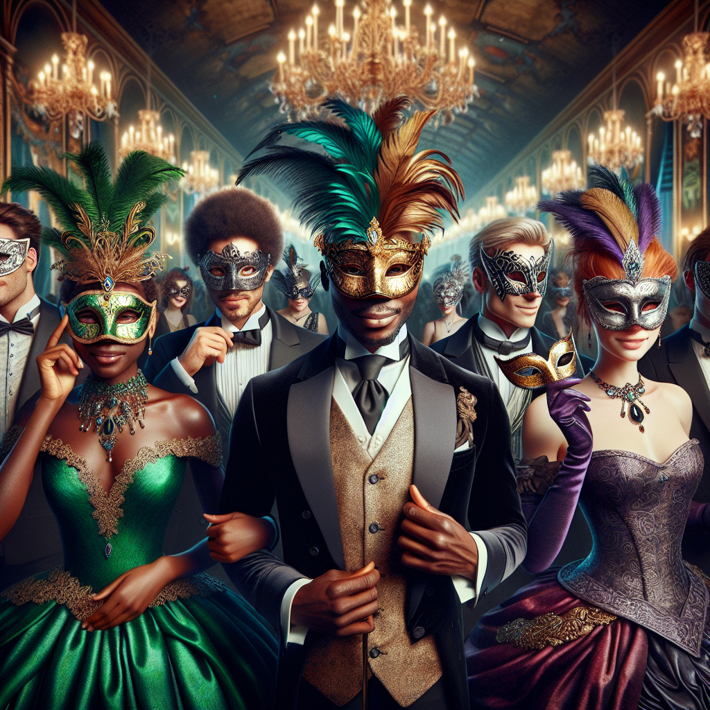 Picture an ornate masquerade ball. In the center, a crowd of diverse individuals - a Black woman in an enchanting emerald gown with a golden, feathered mask; a Caucasian male wearing a dapper black suit with a silver-leaf-patterned mask; a Middle-Eastern individual in a royal purple outfit and a handsome garnet mask. Each has found the mask that suits them perfectly, their faces lit up with satisfaction and joy. Shimmering chandeliers illuminate the grand hall, and the elegantly dressed crowd radiates excitement, ready for the night of mystery and merriment ahead.