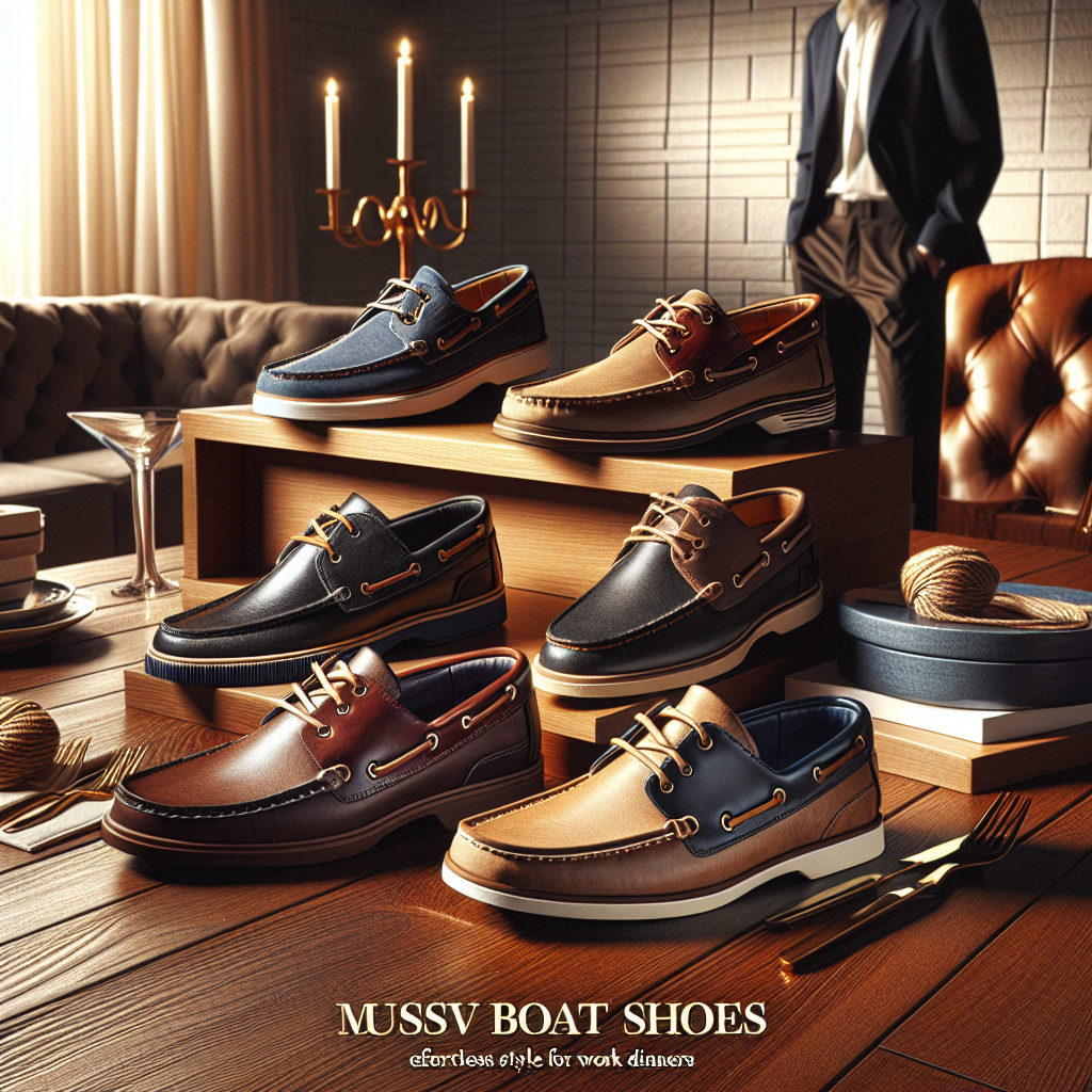 Create an image showcasing a collection of stylish boat shoes in diverse designs and colors such as navy blue, tan, and burgundy. The shoes are displayed on an elegant hardwood platform, arranged neatly and catch the glow of soft ambient lighting. These boat shoes have details like fine stitching, leather laces, and a comfortable rubber sole. A backdrop of an upscale, contemporary office signifies their suitability for work, while a table set with sophisticated dining ware hints at their appropriateness for dinner events. Add a tasteful gold foiled title at the top saying 'Must-Have Boat Shoes: Effortless Style for Work Dinners'.