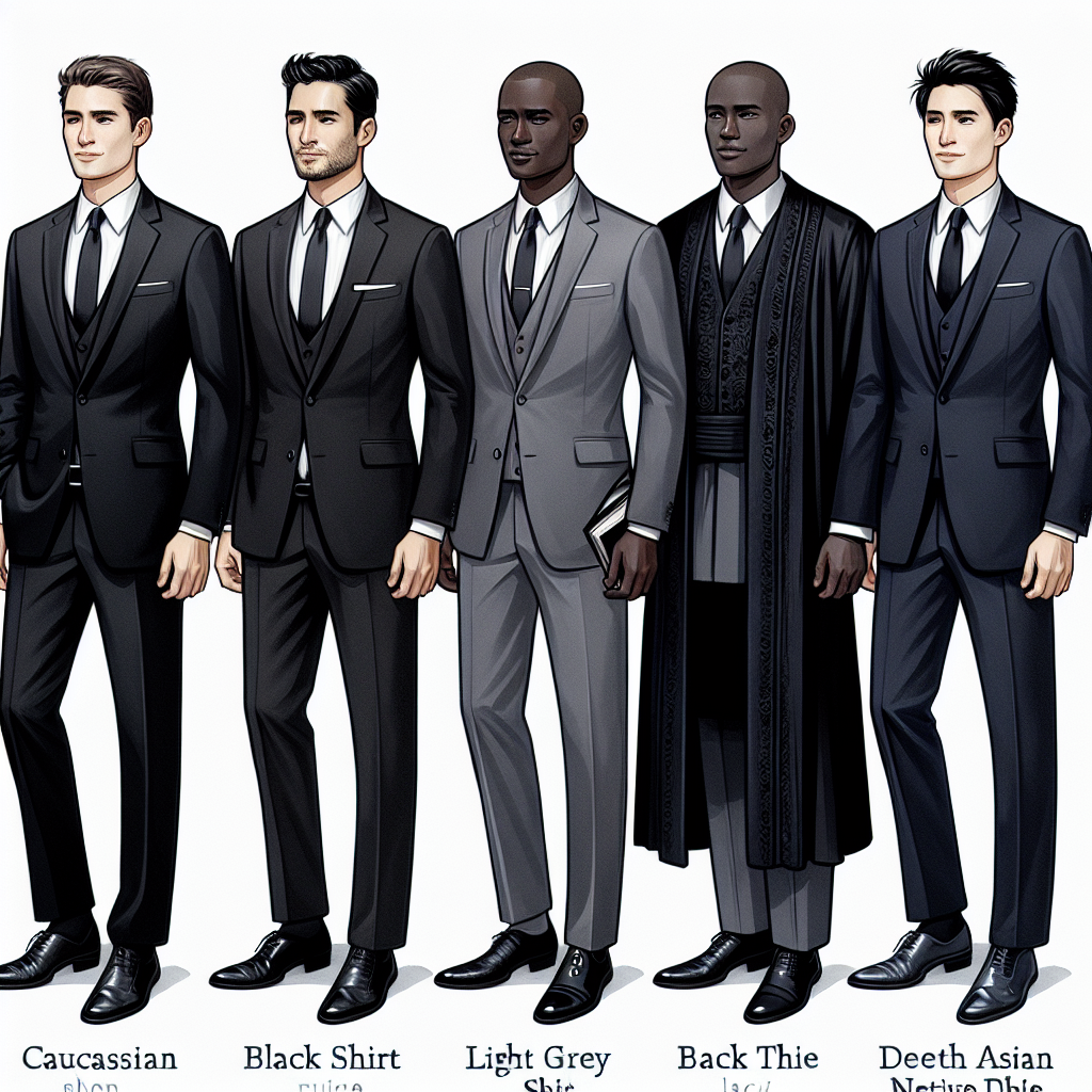 A detailed guide on the appropriate attire for men attending a funeral. The visual description includes a Caucasian male dressed in a classic black suit, white shirt and black tie, while a Hispanic male is depicted in a dark grey suit, light grey shirt and deep navy blue tie. There's a Black gentleman wearing a charcoal black traditional native dress, distinctly portraying cultural influences. Lastly, the image should illustrate a South Asian man in a formal western outfit, consisting of a navy blue suit, crisp white shirt and a solid black tie. Everyone carries a solemn yet dignified expression, reflecting the decorum for such occasions.