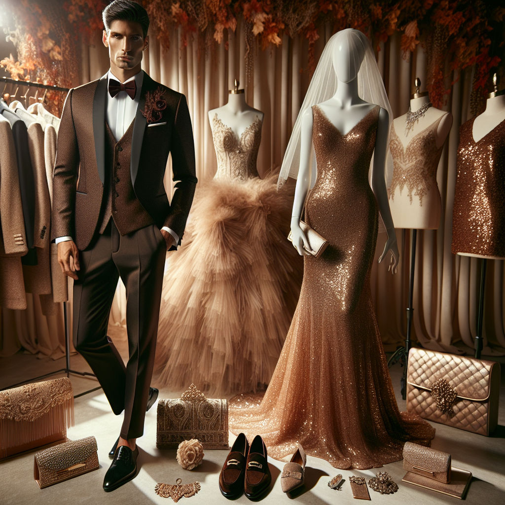 Imagine a high resolution image that showcases a showcase of stunning November wedding outfits. In the foreground, an elegant Hispanic man dressed in a contemporary tuxedo with a burgundy bow tie, complementing the autumn color palette. Beside him is a stylish Caucasian woman wearing a dazzling gold sequin gown. Scattered around the scene are a variety of luxurious wedding accessories, including bejeweled clutch bags, suede loafers, intricate veil designs, and statement jewelry. All these elements are displayed on mannequins under the spotlight of a well-lit showroom imbued with the warm, earthy tones of November.