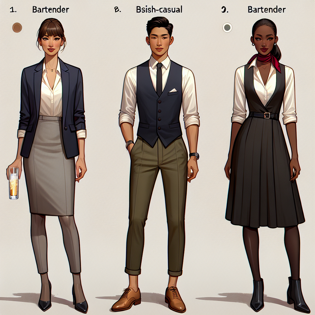 Must-Have Outfits for Top Bartender Interviews Imagine a series of three distinct outfits designed for bartender job interviews. The first outfit showcases a South Asian woman in a polished, semi-formal approach with a midnight-blue business-casual blazer, cream blouse, grey tailored trousers, and polished black shoes. The second ensemble features a Hispanic man dressed in a smart-casual style, wearing a crisp white shirt, black vest, olive-green tailored chinos, and caramel-colored oxfords. The third image depicts a black woman sporting an edgy, chic attire incorporating a tailored black knee-length dress, a vibrant red scarf, black stockings, and fashionable ankle boots. Each outfit conveys competence, professionalism, and a sense of personal style.