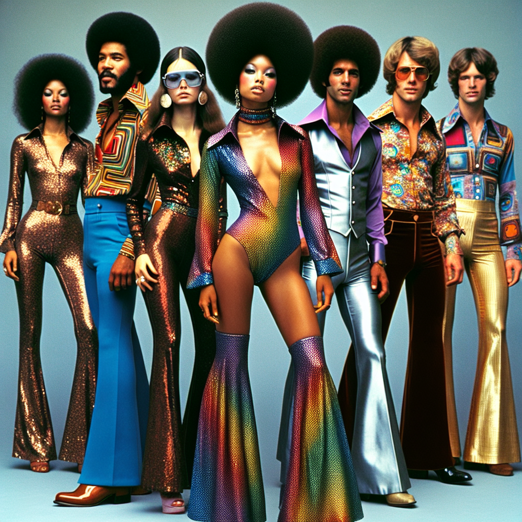 Must-Have 70s Disco Outfits: Effortless Style Guide Envision an array of must-have 70s disco outfits. In the foreground, a South Asian woman confidently wears a colorful sequin jumpsuit with flared bottoms, her hair styled into a voluminous afro. Just behind her, a Black man sports a vibrant velvet suit with wide collars, his afro pick gleaming in his hair. Near him, a Middle-eastern woman stands elegantly, her shiny knee-high platform boots complimenting her metallic hotpants and sequined halter top. A Caucasian man is grooving in his psychedelic patterned polyester shirt and flared jeans. These images truly represent an effortless style guide to 70's disco fashion.