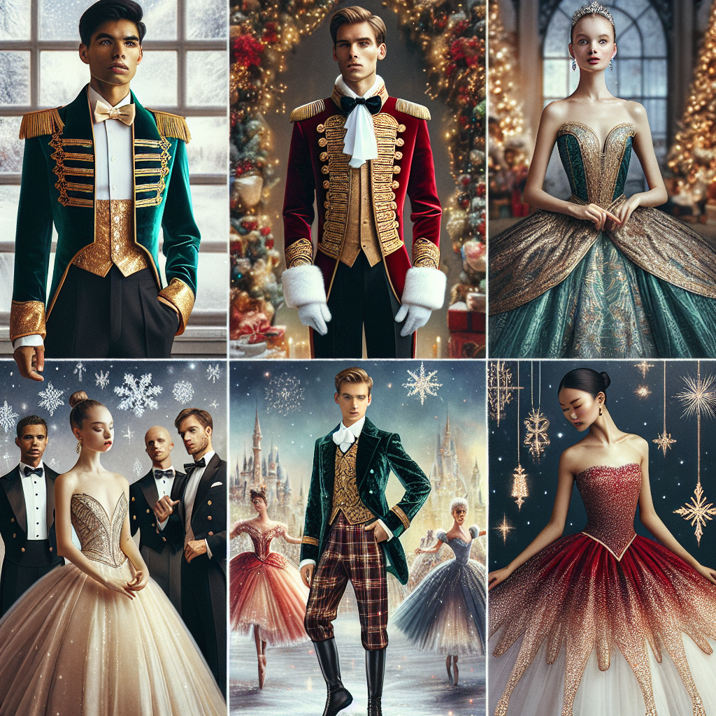 Create an elegant collage showcasing diverse individuals wearing winter attire inspired by the ballet 'The Nutcracker'. Emphasize on gleaming fabric, twinkling accessories, and detailed patterns reminiscent of the iconic costumes. On one side, include a Caucasian man in a vibrant military-style jacket adorned with shiny gold buttons, paired with dark fitted trousers. Next to him, place a South-Asian woman in a stunning red and gold gown with an intricate lace bodice. Also, depict a Hispanic man in a slick tuxedo boasting a rich green velvet jacket with a white bow tie. Completing the scene, show an East-Asian woman in an exquisite dress with a full, snowflake-design tulle skirt. The backdrop should be a holiday-inspired setting with touches of Tchaikovsky's magical world.
