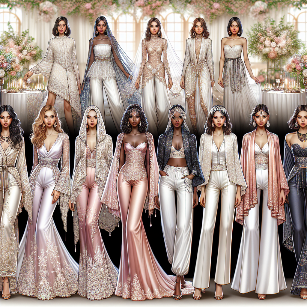 Stunning Wedding Cover-Ups for Jumpsuits Design a beautifully rendered image that showcases a variety of wedding cover-ups for jumpsuits. Illustrate elegant and intricate details like lace, sequins, pearls and flowing fabrics. Include different styles like boleros, shawls, capes and jackets, each being worn over chic wedding jumpsuits. The models wearing these ensemble should be diverse, for instance, one could be a Middle Eastern woman, another could be a Caucasian man, and finally a black woman. The backdrop to these scenes could be set in a gorgeously decorated wedding venue with blooming flowers and soft romantic lighting.