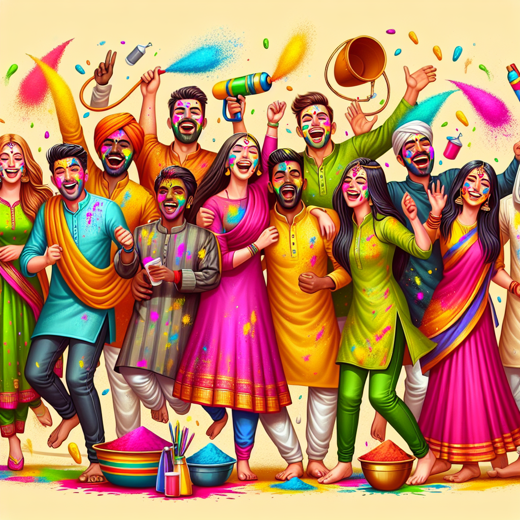 Create a detailed visual depiction of a group of joyful friends celebrating the Holi festival. There should be both men and women, of diverse descent such as Caucasian, Black, and Middle-Eastern. They are all dressed in traditional Indian attire often worn for Holi - men in Kurta and women in colorful Sarees or Salwar suits. Their faces and clothes should be smeared with vibrant Holi colors. The atmosphere should be festive and animated, with people laughing and throwing powders of pink, yellow, blue, and green in the air. Components of Holi such as pichkaris (water guns), water balloons, and buckets filled with colored water could be seen around.