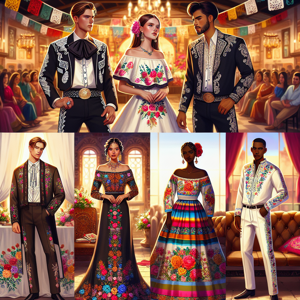 Stunning Outfits for a Mexican Wedding: Must-See Styles! Showcase a range of stunning traditional Mexican wedding outfits. In the first scene, imagine a Caucasian man in a Charro suit with detailed embroidery. Then, a South Asian woman wearing a Mexican colorful, embroidered dress with beautiful floral designs. Lastly, a Black woman wearing a Huipil with intricate patterns and a Middle-eastern man in a Guayabera shirt. Set the scene with the backdrop of a Mexican-style wedding hall with traditional decor and vibrant colors.
