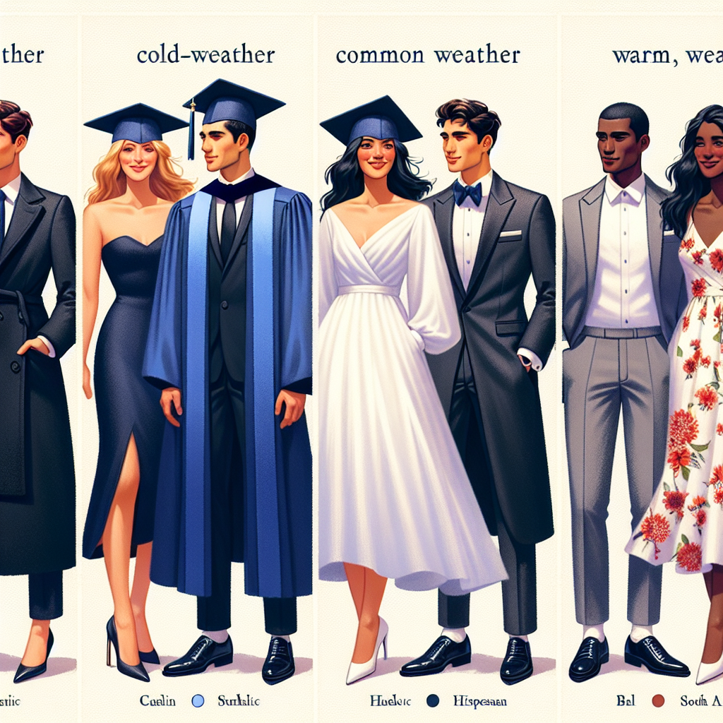 Graduation Style Guide: Find Your Perfect Outfit Visualize a comprehensive guide for graduation outfits. It contains a variety of options for different weather conditions and personal styles. The left-side of the image features cold-weather wear: a Caucasian woman in a chic, neatly tailored black suit and a Middle-Eastern man in formal attire with a vibrant, glossy dark blue robe. The mid-section illustrates outfits suitable for common weather: a Hispanic woman in a sophisticated, elegantly draped white dress and a South Asian man in a classic grey tuxedo. On the right side, warm-weather outfits are showcased: a Black woman in a light and bright floral dress and a White man in a comfortable, stylish khaki suit.