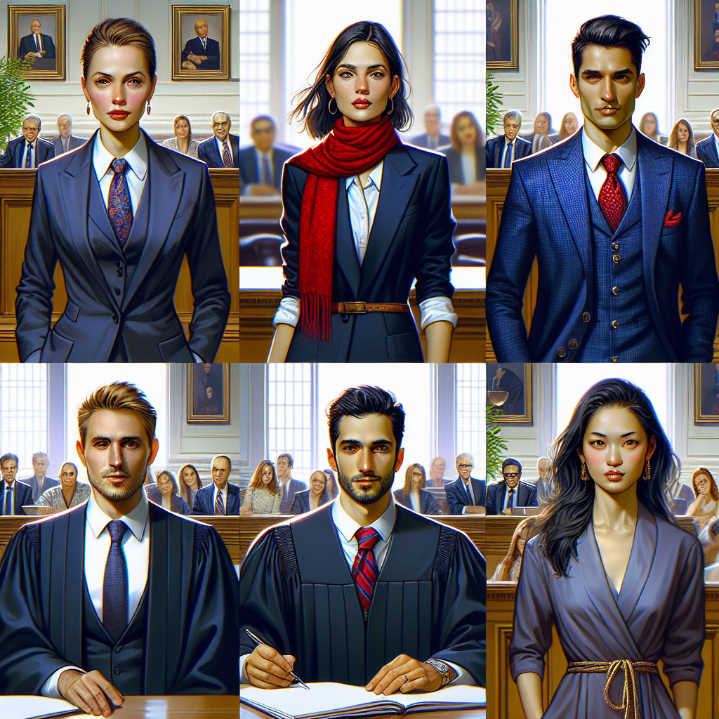 Generate an image depicting a vibrant and meticulously detailed scene in a courtroom setting. The view should focus on a variety of people consisting of a Caucasian female lawyer wearing a chic, black business suit paired with a red scarf as a pop of color, a Hispanic male judge clothed in traditional courtroom robes, a Middle-Eastern male witness stylishly dressed in a navy blue suit and a South Asian female juror adorning a subtle, professional dress. Each of them should exhibit striking, effortless style, articulating sophistication and authority.