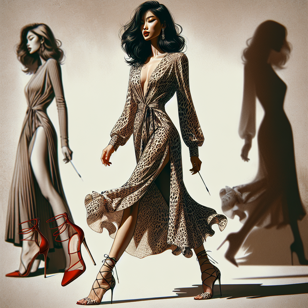 Create an exquisite visual representation of a scene from a fashion world. The focal point of the scene is a woman of Asian descent, having a slender physique artistically draped in a mid-length, leopard print dress exhibiting a fearless sense of style. Commensurate with her dress, a pair of on-trend, high-heeled shoes, possibly in a contrasting red tone, are completing her outfit. Additionally, incorporate a backdrop that subtly exudes an air of sophistication and fashion-forward attitude. Please, place a distinctive emphasis on the shoes to enhance the visual appeal and help fashion enthusiasts make an apt choice.