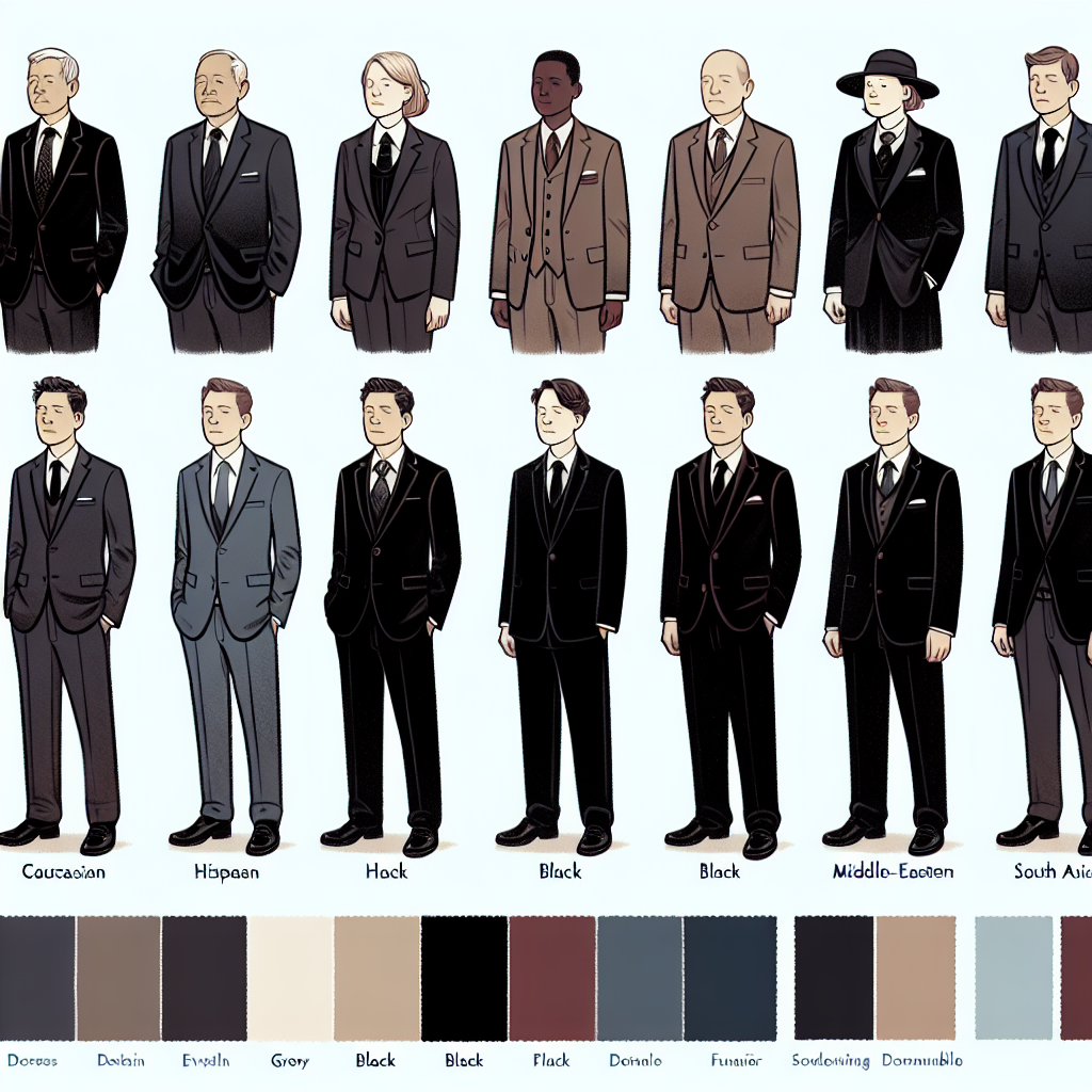An illustrated guide showing a variety of funeral attire in a respectful, muted color palette. Depict an array of suitable clothes for a funeral&mdash;including suits, dresses, and accessories&mdash;styled for all genders and various descents, such as Caucasian, Hispanic, Black, Middle-Eastern, and South Asian individuals. Display each outfit in appropriate, understated colors like black, gray, dark navy, or deep burgundy. Also, include color swatches beside each outfit to give a clearer understanding of the appropriate shades. Aim for a professional and somber tone for the illustration.
