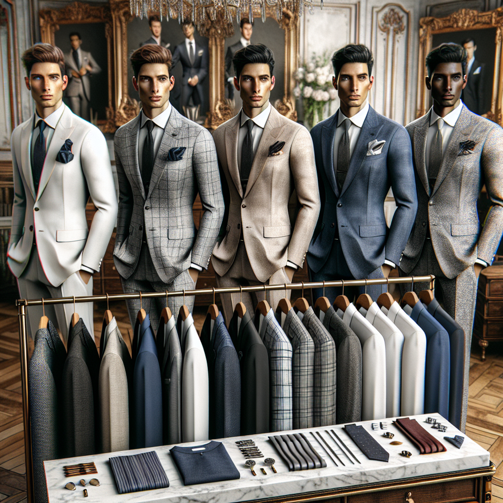 Visualize a comprehensive style guide for men's wedding attire for the year 2024. Show an array of five stylish suits organized on hangers, each suit appealing to a different style from formal to contemporary. Feature a white Caucasian male model on the left, a Hispanic male model in the center, and a Black male model on the right showcasing various suits individually. Include intricacies such as ties, cufflinks, lapel pins, and pocket squares. The environment around them should have a luxurious vintage feeling, with a mix of hardwood and marble accents.