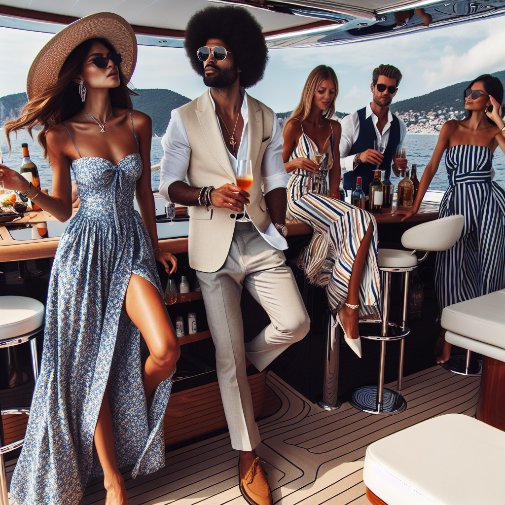 Yacht Party Styles: Must-Have Stunning Looks An upscale yacht party taking place on a bright sunny afternoon in the middle of the ocean. On deck, there are several fashionable guests showing off their stunning party styles. One woman, of Hispanic descent, in a chic, summer maxi dress, sips on a cocktail while chatting with an African descent man dressed in sharp nautical themed attire. A group of South Asian and Caucasian friends are gathered around the yacht's bar in chic summer party attire, laughing and having a great time. The atmosphere is filled with elegance, fun, and style, reflecting the essence of a must-have stunning yacht party.