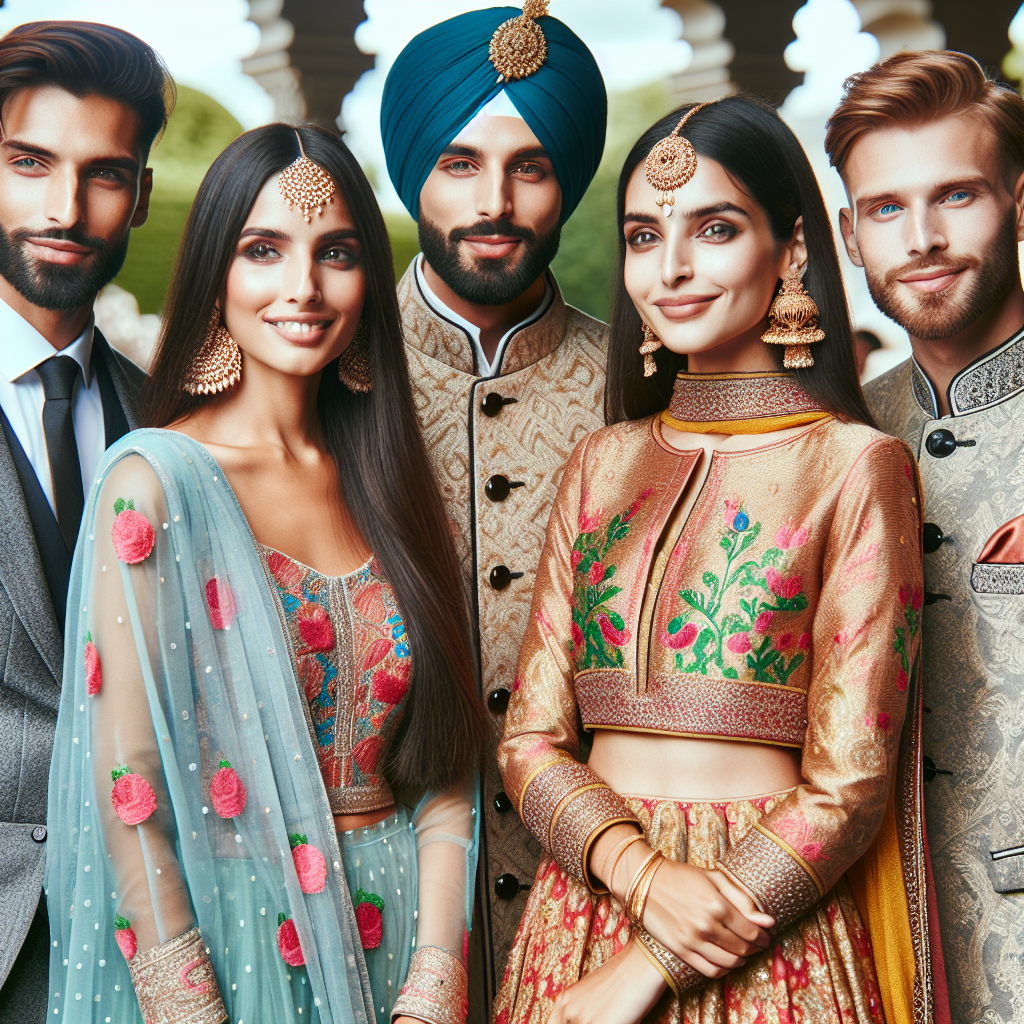Effortless Elegance: What to Wear to a Sikh Wedding Image of a fashionable group of four guests attending a Sikh wedding. Depict two men and two women, each of a different descent: one Caucasian, one Hispanic, one South Asian, and one Middle-Eastern. The men are dressed in crisp, traditional Sikh attire such as Sherwanis with Dupattas around their necks. The women are wearing bright and intricate Lehengas or Anarkali suits, showcasing the Indian fashion's rich vibrant colors and patterns. Highlight the elegant gold and silver embroidery on the dresses. Everyone has subtle smile, reflecting the joy of the occasion.