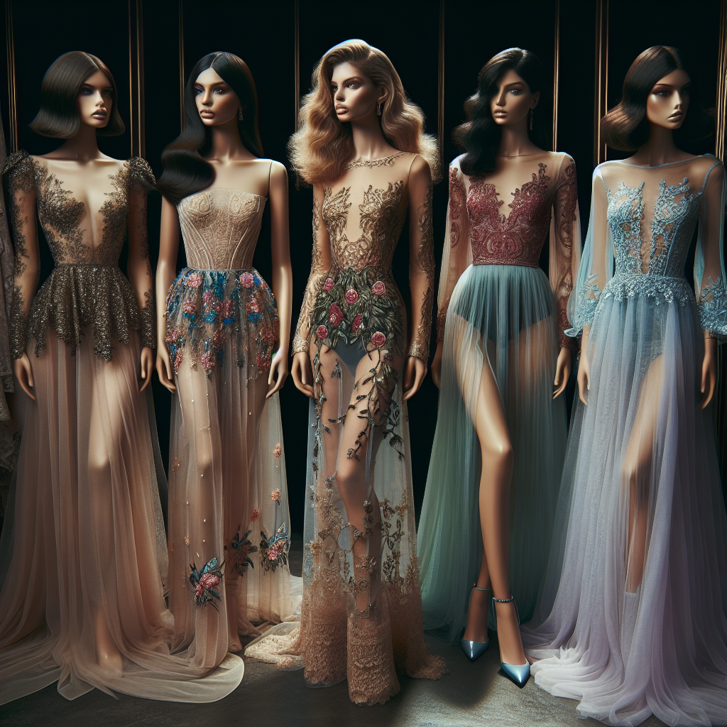 Stunning Options for Sheer Dresses: Effortless Style Secrets Generate a captivating picture illustrating several unique sheer dresses. Envision this scene in a lavish boutique setting. On display are five mannequins, each adorned with different sheer dresses showcasing a variety of elegant cuts, fabrics, styles, and colors. One mannequin, a South Asian female, is wearing a slim-fitting gold sheer dress. Another, a Caucasian female, is presenting a flowy teal dress with beautiful floral patterns. The third, a black female mannequin stands in a daring red sheer dress with intricate lace details. A Hispanic female mannequin models a lilac sheer dress with a waterfall hemline. Lastly, a Middle-Eastern female mannequin complements the lineup with a classic black sheer dress.