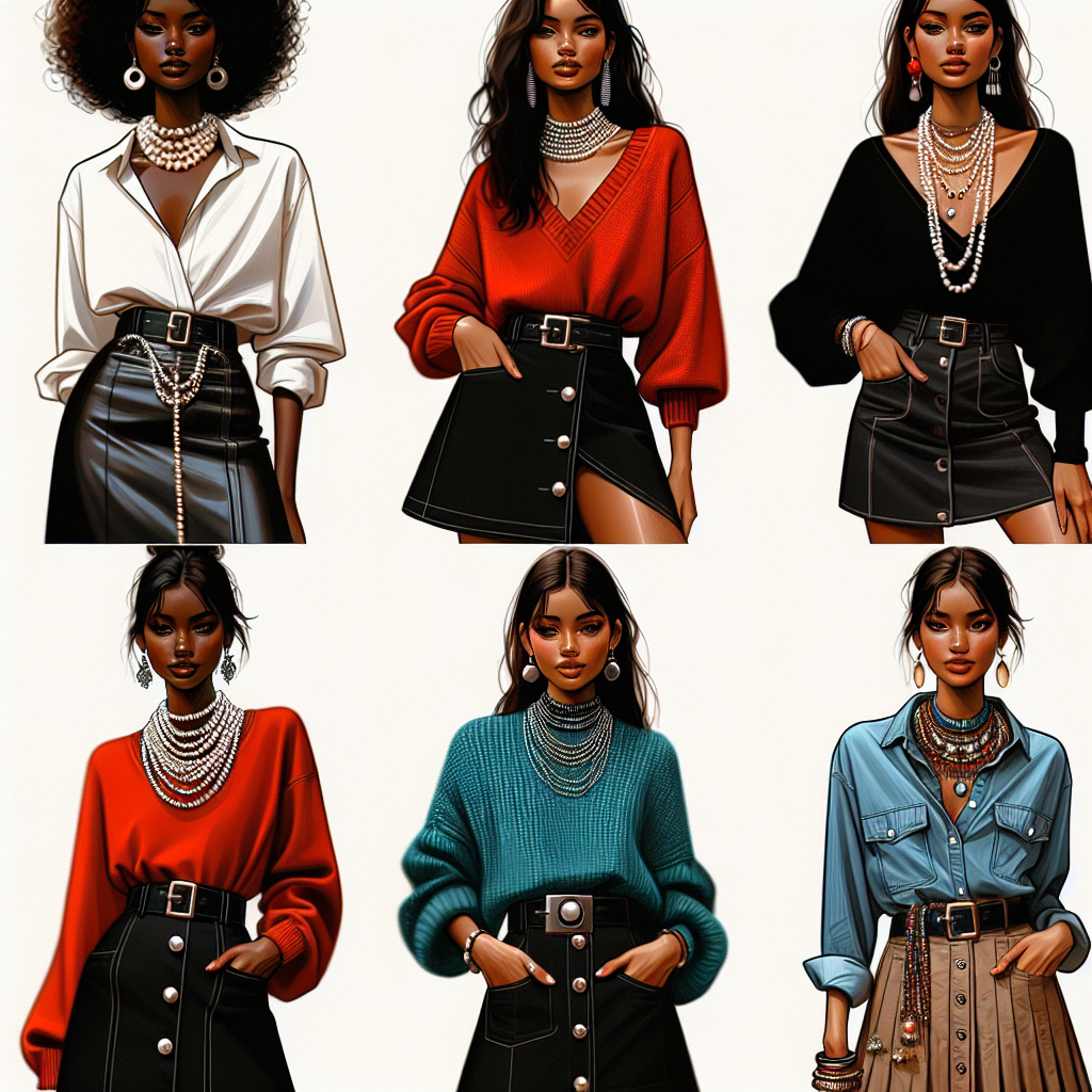 Stunning Outfits: What to Wear a Black Skirt With Imagine a fashion spread showing four unique, stylish outfits centered around a black skirt. The first one features a white blouse paired with pearl accessories, modelled by a Black woman. The second outfit showcases a vibrant red sweater coupled with a statement necklace and is modeled by a Caucasian woman. The third outfit pairs the black skirt with a turquoise turtleneck, complimented by silver accessories and worn by a Middle-Eastern woman. Finally, the last outfit shows a black skirt with a denim shirt and boho jewellery; this is portrayed by a South Asian woman. The image should set an atmosphere of confident elegance and style.
