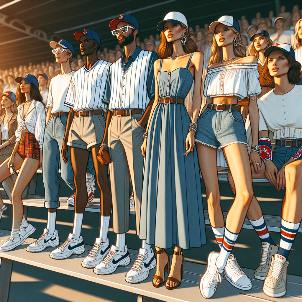 A sunlit scene at a baseball game. Depict multiple stylish spectators in the stands, each with their own unique must-have outfits. Start with an African male, wearing a tailored jersey paired with denim shorts and high-top sneakers. Next to him, a Caucasian woman in a breezy summer dress with baseball cap and sandals. Lastly, a Hispanic female with a trendy off-shoulder top, jeans, and white sneakers. Include various baseball accessories like team scarves, foam fingers, and caps. The crowd appears enthusiastic, enjoying the game while showcasing classy and effortless chic style.