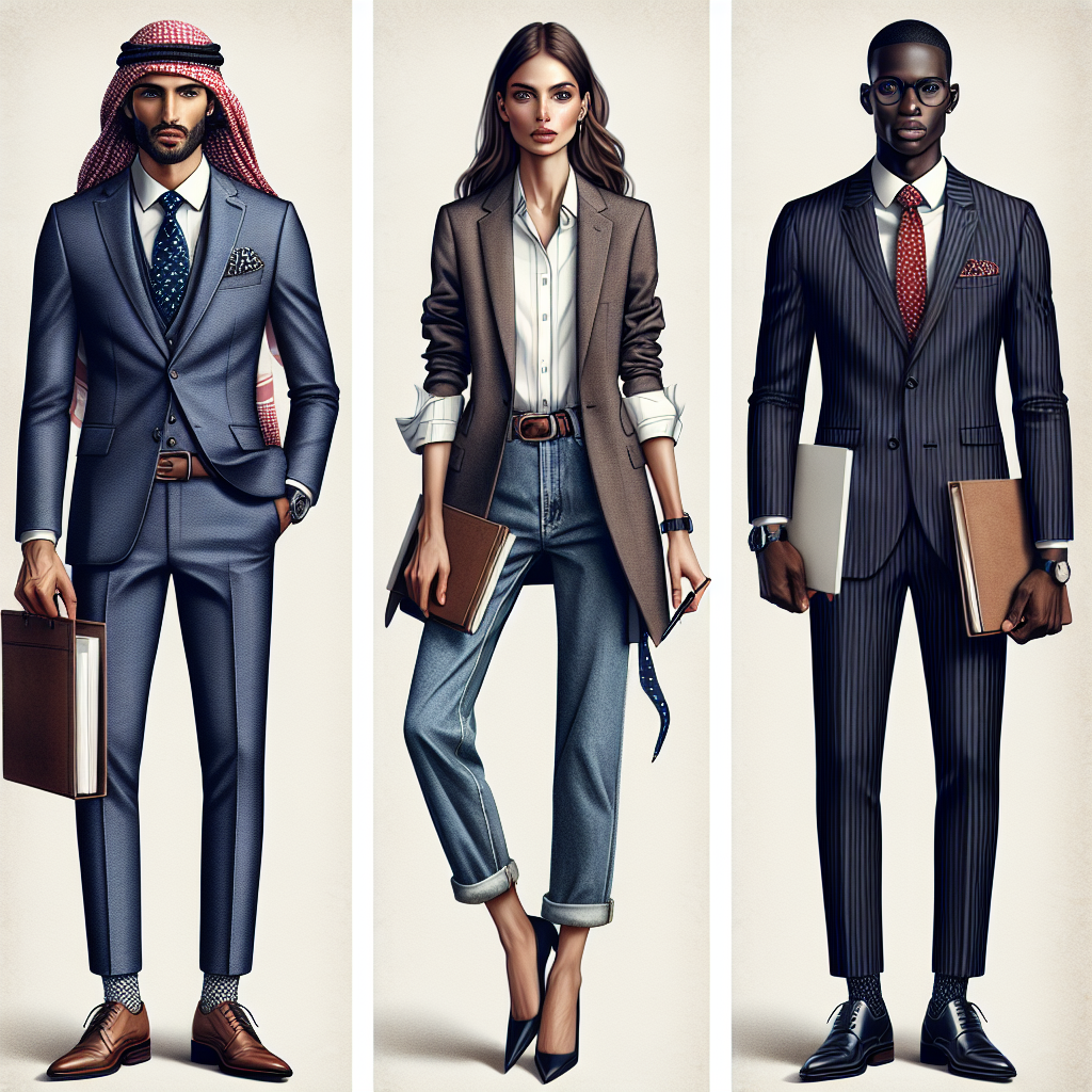 Stunning Outfits for Your Amazon Interview: Dress to Impress Generate an image of three professionally-dressed individuals ready for a job interview. The first person, a Middle Eastern male, is wearing a crisp, modern suit with a matching tie and polished, black leather shoes. The second person, a Caucasian female, demonstrates a smart casual style wearing a tailored blazer, blouse, jeans and heels. The third person, a Black male, exhibits a high power look with a traditional pinstriped charcoal suit and a red power tie. All of them carry notebooks and pens, reminding us of the importance of preparation.