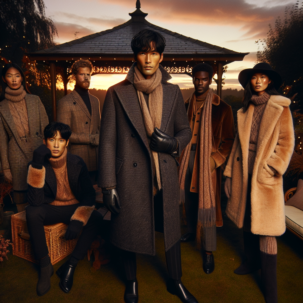 Envision a calm and elegant late-autumn garden party scene set against the backdrop of a resplendent sunset. There are five diverse individuals, each wearing an outfit suitable for cold weather. A Middle-Eastern man dons a fashionable woolen peacoat with a stylish scarf, a Black woman elegantly wears a cashmere trench coat with a wide-brimmed hat, a Caucasian woman showcases a chic long faux fur coat with leather gloves, a South Asian man is seen sporting a hip tweed jacket with a cozy knit scarf, and a Hispanic woman poses in an insulated suede coat matched with knit leg warmers. With a gazebo and fairy lights in the background, the garden atmosphere is magical.