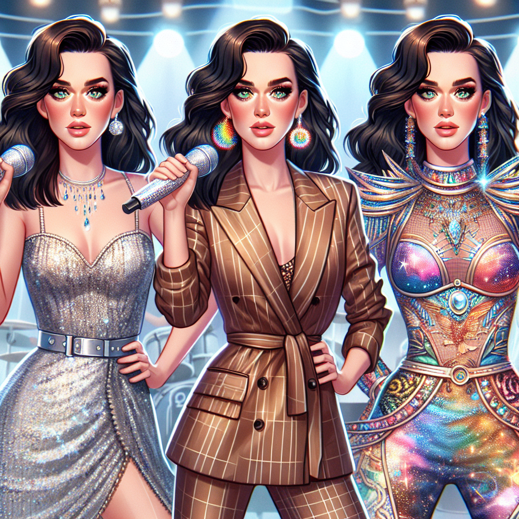 Design a picture featuring a high-energy pop singer, who shares similar attributes to Katy Perry, with brunette hair and vibrant Green eyes. She's performing on a futuristic concert stage set in the year 2025. The singer should be showcasing three different stunning outfits: a sequined vintage-inspired dress, a modern tailored suit with innovative textile patterns, and a extravagant cosmic-inspired costume studded with shiny gemstones.