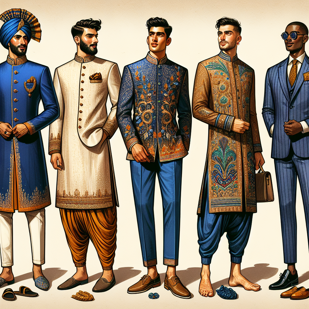 Visualize an array of essential fashion items for men attending a Sangeet. The first outfit features a Middle-Eastern man wearing a classic royal-blue Sherwani styled with a golden turban and Esteem juti shoes. Next, show an Asian man sporting a contemporary embroidered kurta paired with churidars and leather sandals. Lastly, depict a Black man with a trendy Indo-western suit matched with a stylish pocket square and loafers. Impressively, all outfits should be vibrant and detailed, capturing the festive glory of Indian weddings. Additionally, vary the fabric patterns and decorative elements to give each ensemble a unique flair.