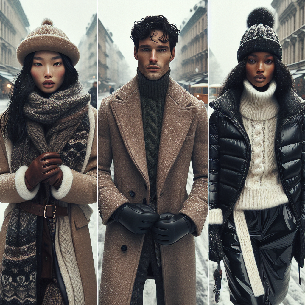 Winter Dress Essentials: Must-Have Looks for Chilly Days Imagine a fashion editorial scene in a snowy city. Stroll down the chilly, snow-dusted streets with three fashion-forward figures wearing winter's must-have essentials. One of them is an East Asian woman wearing a cozy knitted scarf, a thick wool coat and leather gloves. The second person is a white man wearing a fashionable peacoat, a trapper hat and waterproof boots. The last individual is a Black woman wearing faux-fur lined waterproof boots, layering a cashmere turtleneck under a puffy ski jacket, and a knitted beanie. Remember to add an air of sophistication and high-quality fashion elements in this winter scene.