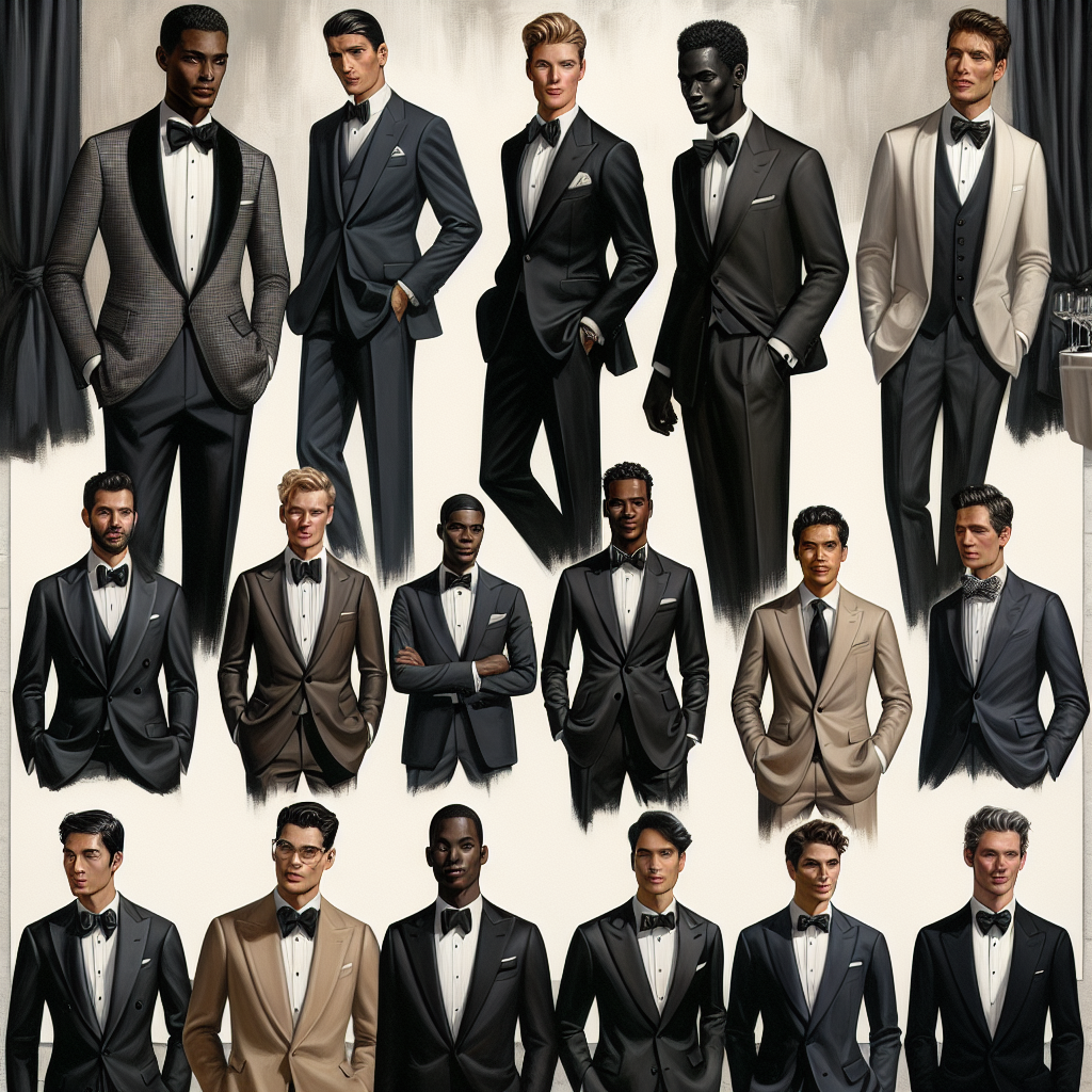 Stunning Black Tie Styles for Men: Must-See Looks A dapper tableau featuring fashionable men at a black tie event. Illustrate a diverse range of men, from various descents such as Caucasian, Hispanic, Black, Middle-Eastern and South Asian, all immaculately dressed in black tie attire. The outfits vary, some with classic tuxedos, others with contemporary twists on black tie, and a few with inventive reinterpretations of the tradition. Set this against a subtly luxurious event backdrop. Depict the scene in a timeless elegance, evoking the atmosphere of sophisticated social gatherings.