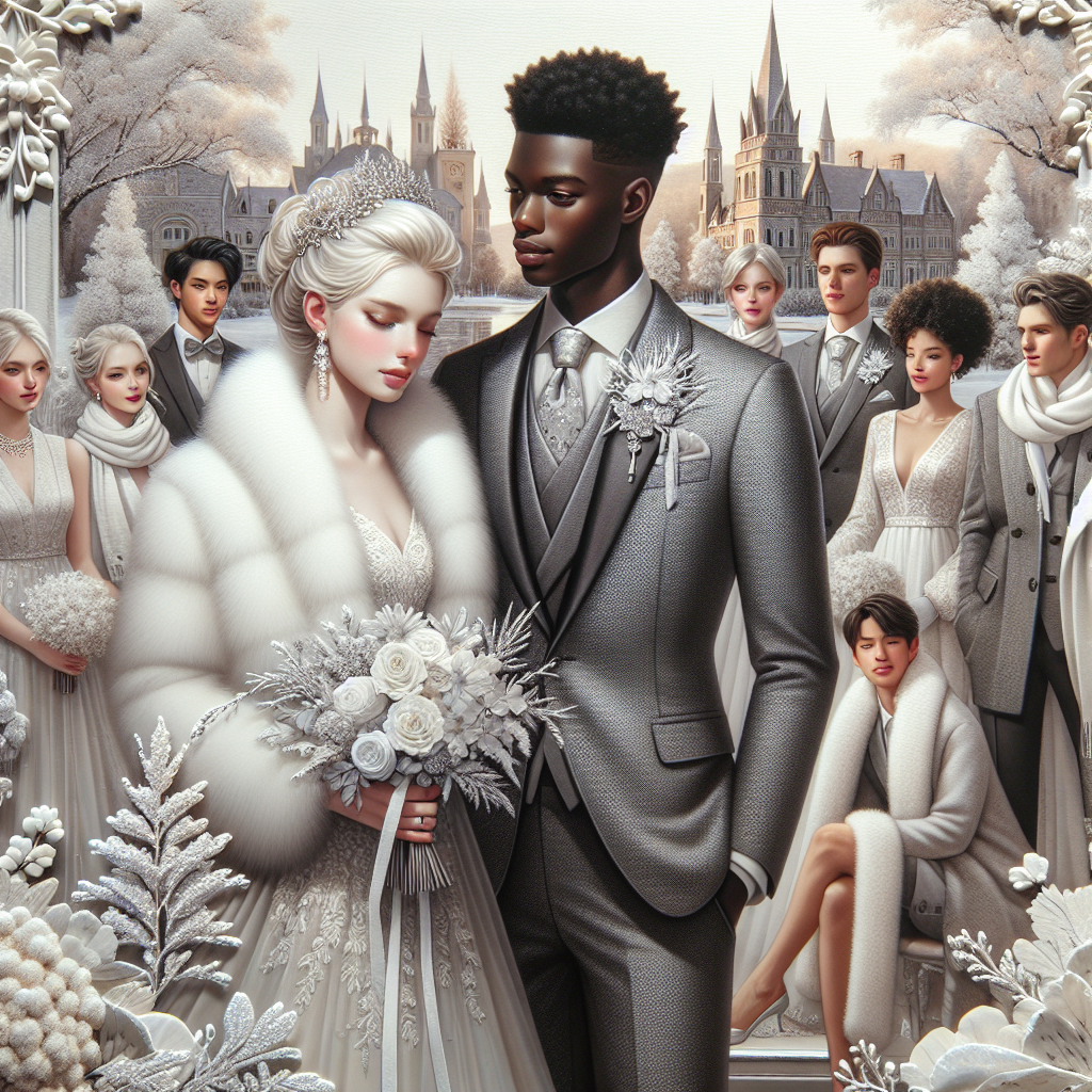 Stunning Winter Wedding Attire: Must-Have Looks for Australia A picturesque representation of a beautiful winter wedding set in the heart of Australia. Picture a setting receiving the subtle winter sunlight, embellished with ice sculptures, soft snowflakes, and white blooms. Envision a black groom in a sharp grey suit with a silver boutonnière, stylishly highlighting the winter theme. Beside him stands a Caucasian bride, her blonde hair elegantly styled in an updo, wrapped warmly in a lace wedding gown with a plush white fur stole. Guests of different descents and genders are adorned in winter-appropriate fashion, bundling in chic and cozy layers, accessorizing with scarves and mufflers.