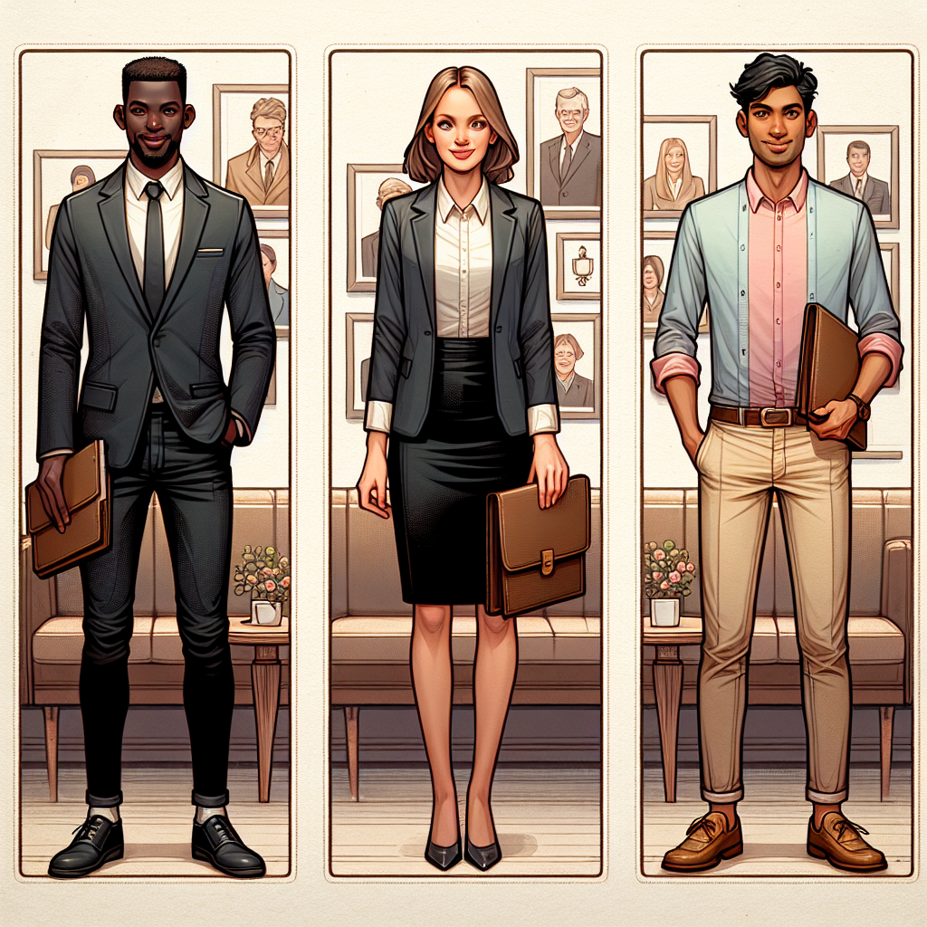 Visualize a scene presenting three individuals prepared for an interview at a restaurant. The first person, a confident Black man, is wearing a sharp blazer and dark jeans. The second person, an enthusiastic Caucasian woman, is dressed in a professional blouse, black skirt, and polished shoes. The third individual, a charismatic South Asian man, is outfitted in a pastel button down shirt, khaki pants, and brown loafers. They each carry leather portfolio folders, ready to present their resumes, and backgrounds suggest a restaurant setting.