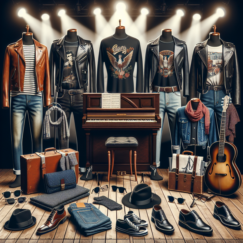A tastefully curated display of several fashionable outfits suitable for a night out at a classic piano rock concert. The collection includes a variety of styles from casual to classy, showcasing elements like chic leather jackets, retro band t-shirts, trendy denim, and polished dress shoes. Appropriate accessories such as hats, scarves, and vintage-inspired sunglasses are also integrated. The scene is set against the backdrop of a dimly lit concert venue with a grand piano on the stage.