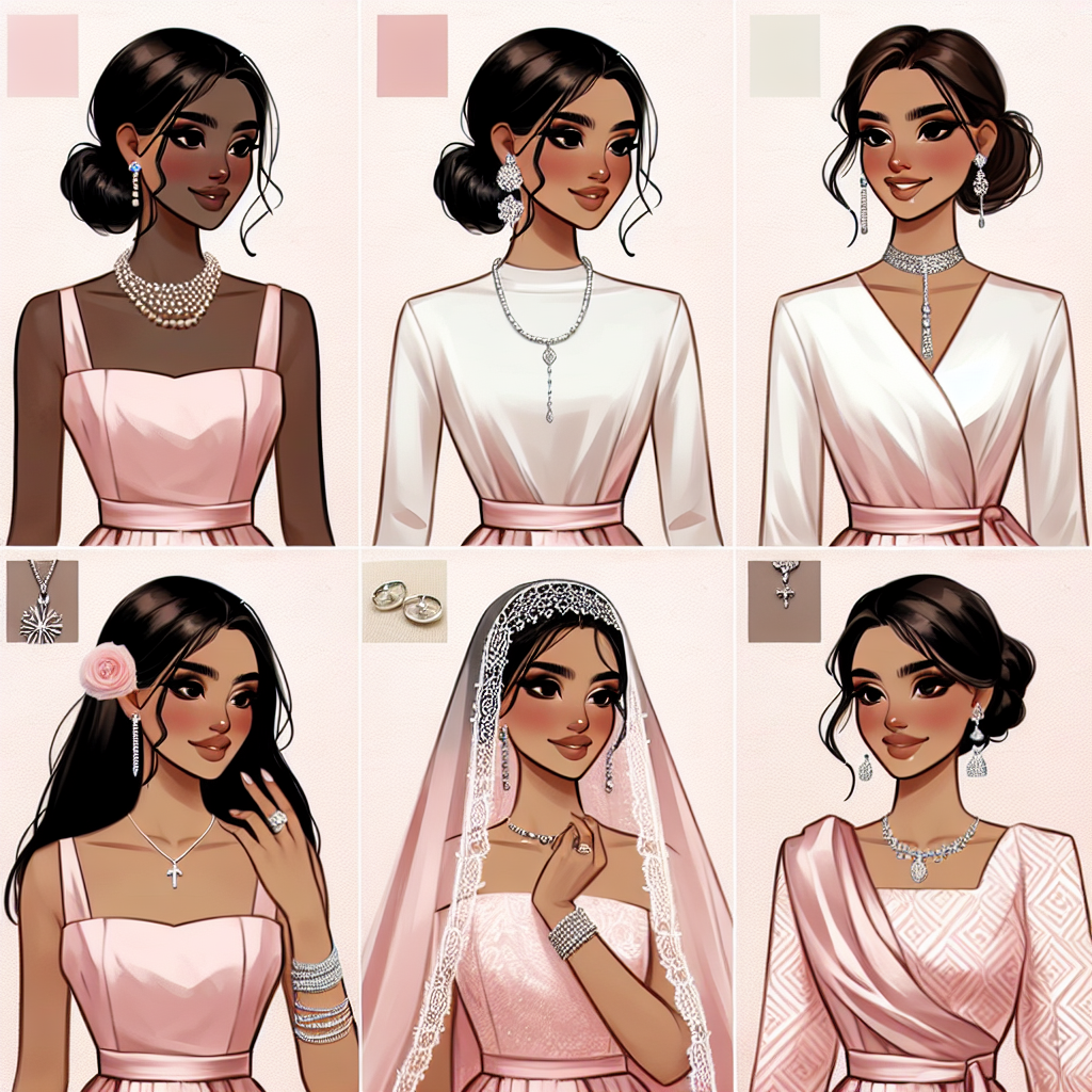 Must-Have Styles to Match a Pink Dress at a Baptism A fashionable illustration showing five different must-have styles to perfectly match a pink dress at a baptism. The first style shows an elegant lady of Black descent donning a minimalist pearl necklace with delicate matching earrings. The second style showcases a South Asian woman, styled with a classic silver bracelet and a hair styled in a chic bun. The third style displays a White woman accessorizing with satin gloves coupled with delicate lace veil. Fourth style features a Middle-Eastern lady giving off a modern vibe with geometric-patterned pashmina shawl. The fifth and final style presents a Hispanic woman with a subtle yet classy look with a dainty brooch on her dress.