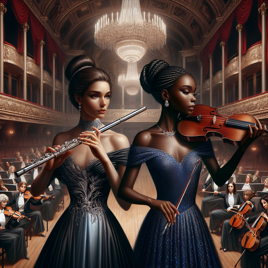 Stunning Symphony Outfits: Effortless Elegance for Women Visualize a grand concert hall, rich in detail with a notable chandelier, red velvet drapes, and polished wooden surfaces. In this setting, imagine two women musicians, one Caucasian with a long, flowing, black gown holding a silver flute, her hair pulled back in an elegant bun; the other woman being Black, dressed in a royal blue, sparkling evening dress, her hair styled in beautiful braids, attentively gripping a polished violin. Around them, glimpses of other women musicians in similarly elegant outfits can be seen, creating an aura of harmonious beauty and cultural diversity.