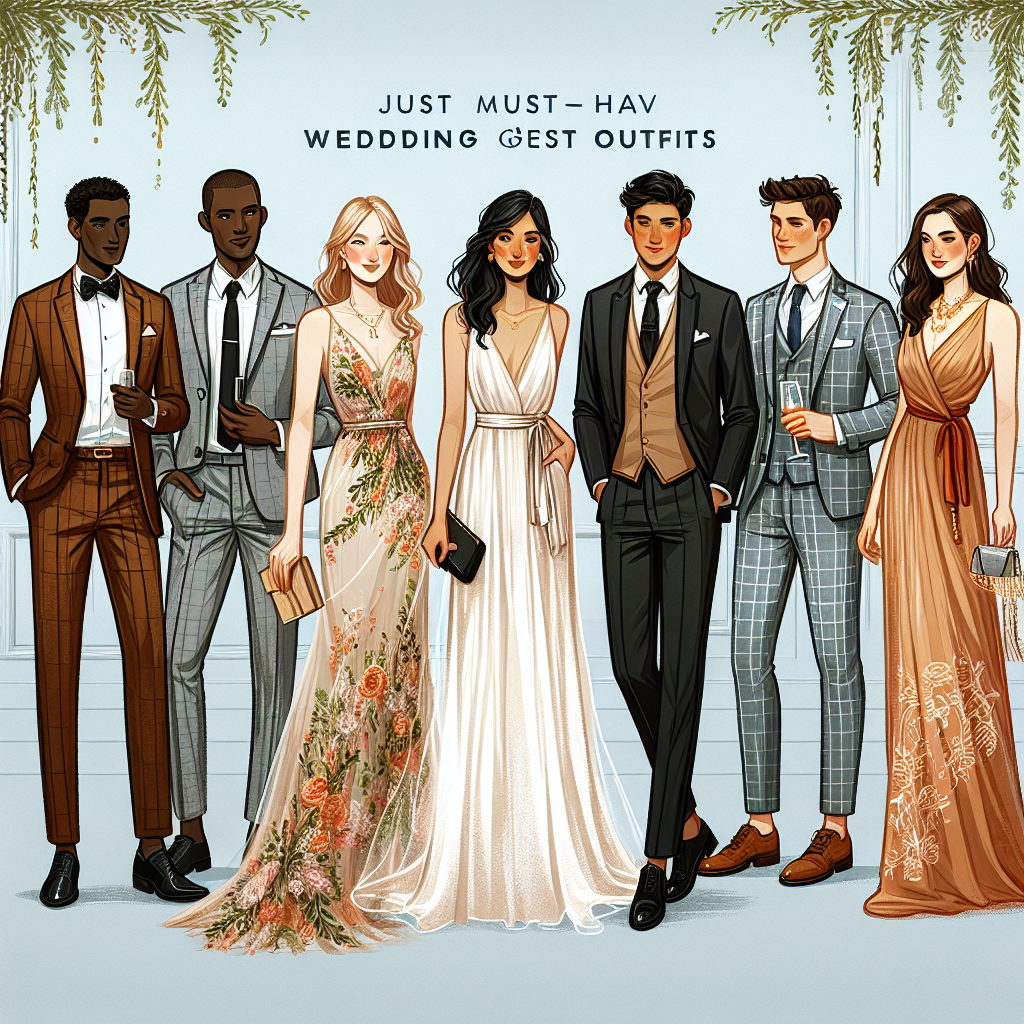 Let's visualize a set of must-have wedding guest outfits for different styles. The scene consists of six individuals showing off their attire in front of a sophisticated backdrop. The first person, a black gentleman, wears a classic tuxedo with a shiny white shirt. The second, a Middle-Eastern lady, dressed in an elegant floor length gown adorned with intricate floral patterns. The third, a Hispanic man in a chic casual suit paired with a light-colored shirt. The next individual, a Caucasian woman, sports a luxurious cocktail dress. The fifth person, a South Asian woman, is in a uniquely styled wrap dress, while the last figure is a white male in a rustic yet stylish country-themed suit.
