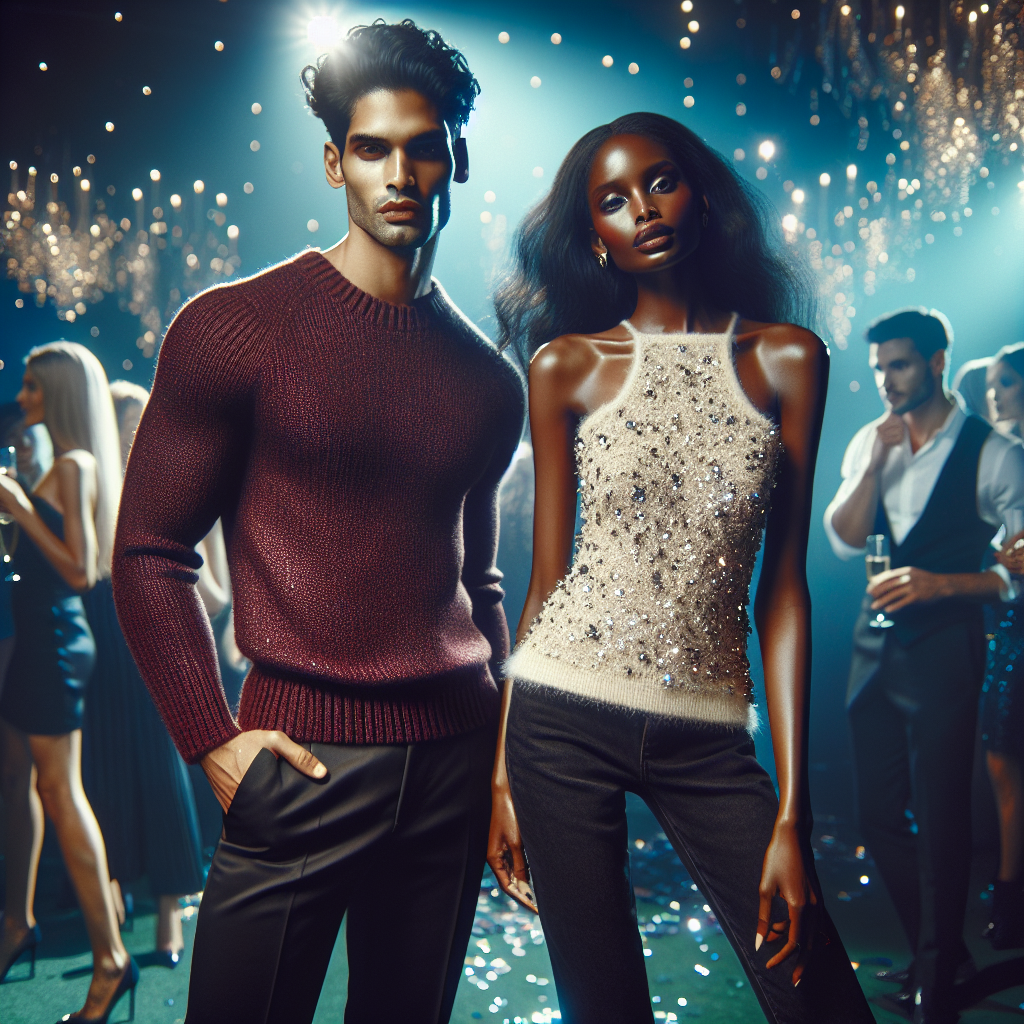 A gorgeous after-party scene showcasing two fashion-forward individuals in the spotlight. A South Asian male in his late twenties, exuding confidence and style, wearing a slim-fit, sleeveless sweater in radiant burgundy, paired with sleek black trousers. Next to him, a Black woman in her early thirties, glowing with elegance, dons a chic, cream-colored sleeveless sweater, embellished with glittering sequins, coupled with high waist jeans. The partygoers in the background are a blur of lights and colors, casting a dreamy ambiance, while the protagonists stand out with their distinctive attire.