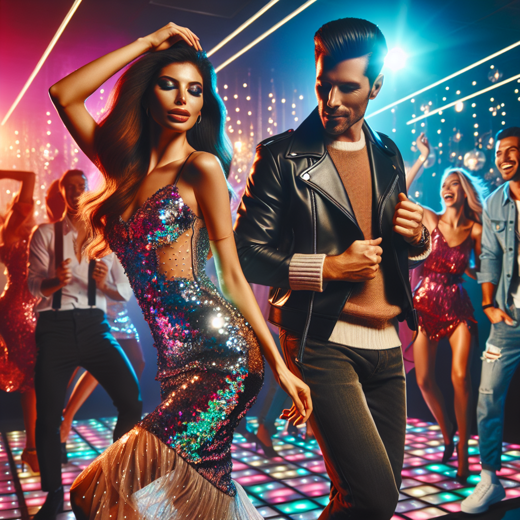 Must-Have Styles for Dance Clubs: Look Stunning! Imagine a vibrant scenario in a modern dance club. In the foreground, a confident Hispanic woman with a glittering, sequin-adorned dress swaying to the beat. On the right, an energetic Caucasian man confidently dons a stylish leather jacket paired with dark jeans, his face flushed in the multicolored disco lights. In the background, a group of diverse individuals laughing and enjoying the night, portraying different fashions: from sleek, monochrome outfits for a classic look to bold, neon pieces for those wanting to stand out. The scene captures the essence of must-have styles to look stunning in dance clubs.
