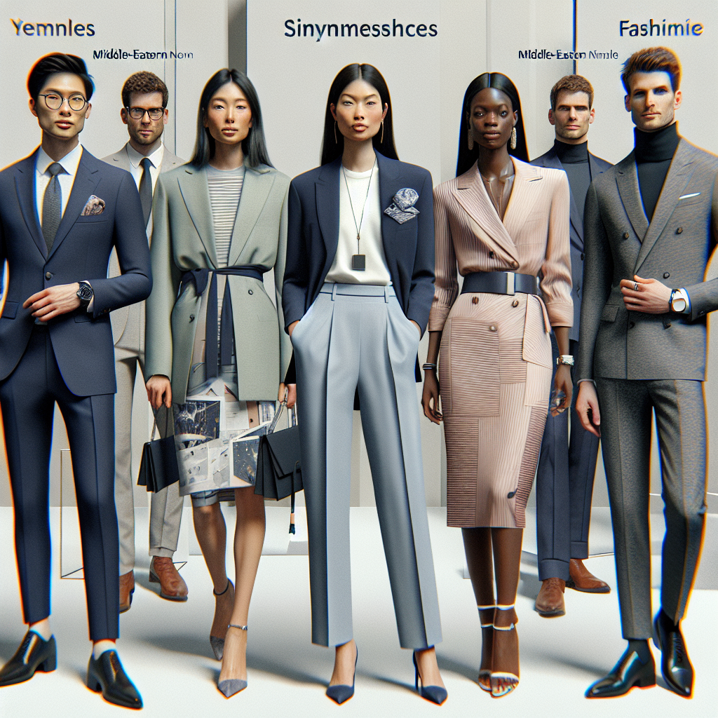 Visualize a group of professionals at a symposium exhibiting polished, stylish outfits that exemplify effortless and chic influences. The scene includes an Asian male donning a sleek navy suit with a stylish pocket square, a Black female sporting a tailored blazer and pencil skirt, a Middle-Eastern non-binary individual in a dapper pastel pantsuit, a Latinx female in a graceful dress with geometric prints, and a White male dressed in an elegant charcoal turtleneck and statement watch. The ambience should communicate the confluence of professionalism and fashion.