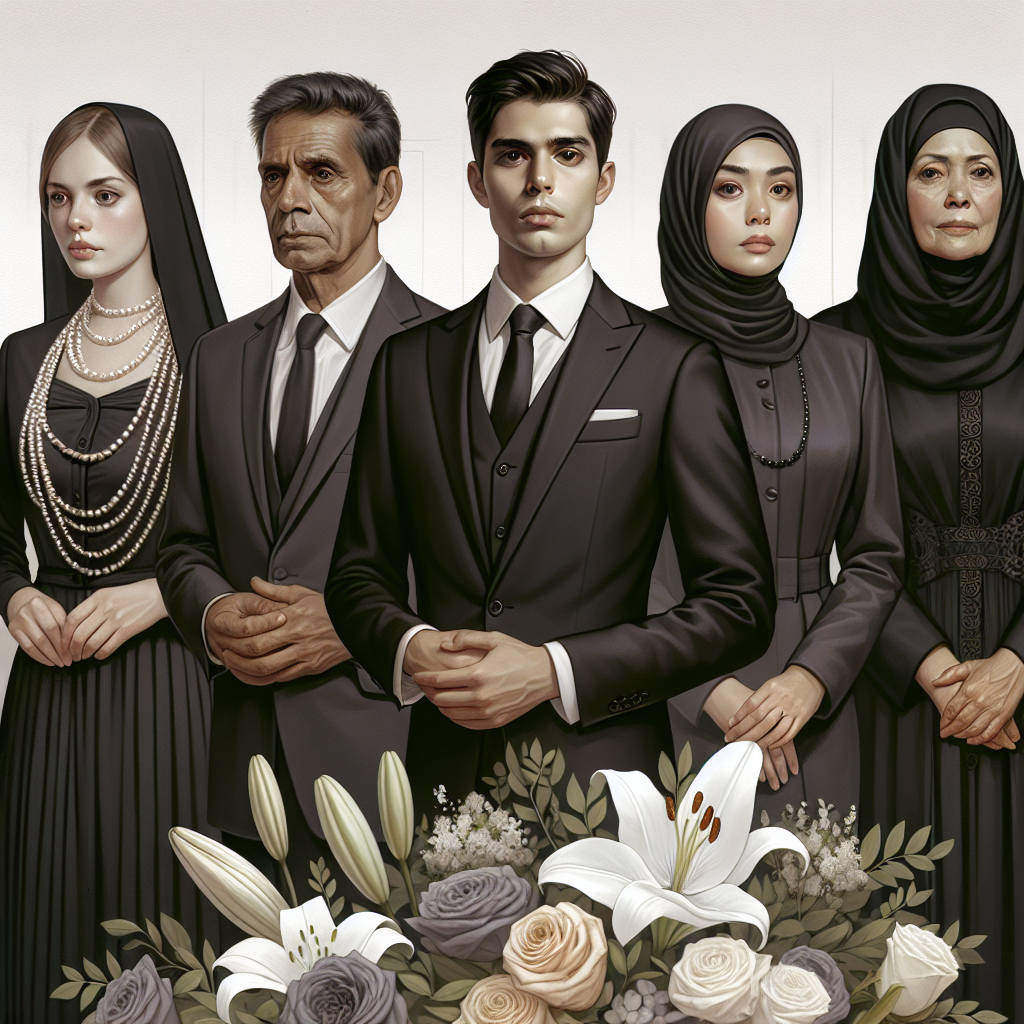 What to Wear at Funerals: Effortless, Respectful Choices Create a detailed image depicting a range of respectful attire choices for a funeral service. Show a diversity of genders and descents: a Caucasian woman wearing a traditional black dress with a pearl necklace, a South Asian man in a dark coloured suit with a muted tie, a Hispanic woman in a subdued colored sarong, an older Black man in a grey tailored suit and a Middle-Eastern woman in a conservative black abaya. Convey a somber and respectful ambiance with lighter coloured flowers (lilies or roses) in the foreground denoting the solemnity of the occasion.