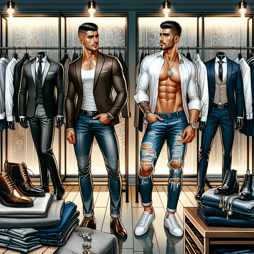 Dress to Impress: Must-Have Men’s Club Outfits Illustrate a detailed scene of a trendy men's clothing boutique with must-have club outfits. There's a variety of attire on display which includes sleek blazers, designer jeans, polished leather shoes, premium quality shirts in monochromes and prints, alongside dazzling accessories like metallic cufflinks and tasteful neckties. Two well-groomed men with diverse elegances are trying on the outfits. One man is Hispanic, with a muscular build, and the other is Middle Eastern with a lean physique. They are surrounded by a lavish fitting room interior with minimalist decor and warm lighting, signifying a stylish and high-end shopping environment.