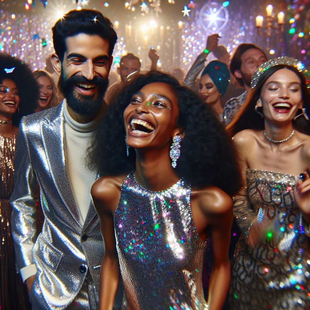 What to Wear to a Glitter Party: Dazzling Choices! A lively scene at a glitter party. In the shimmering glow, a Middle-Eastern woman in a sparkling sequin dress is laughing, exuding cheerfulness. Beside her stands a South Asian man in a metallic silver suit, his wide grin mirroring the surrounding revelry. To their right, a Black woman has chosen a glittery jumpsuit, her outfit glistening glamorously under the lights. In the background, guests of diverse descents are mingling, their attire uniquely sparkling, reflecting a rainbow of lights and creating a dazzling spectacle. The atmosphere is filled with joy, celebrating the freedom to express personal style through glitter.