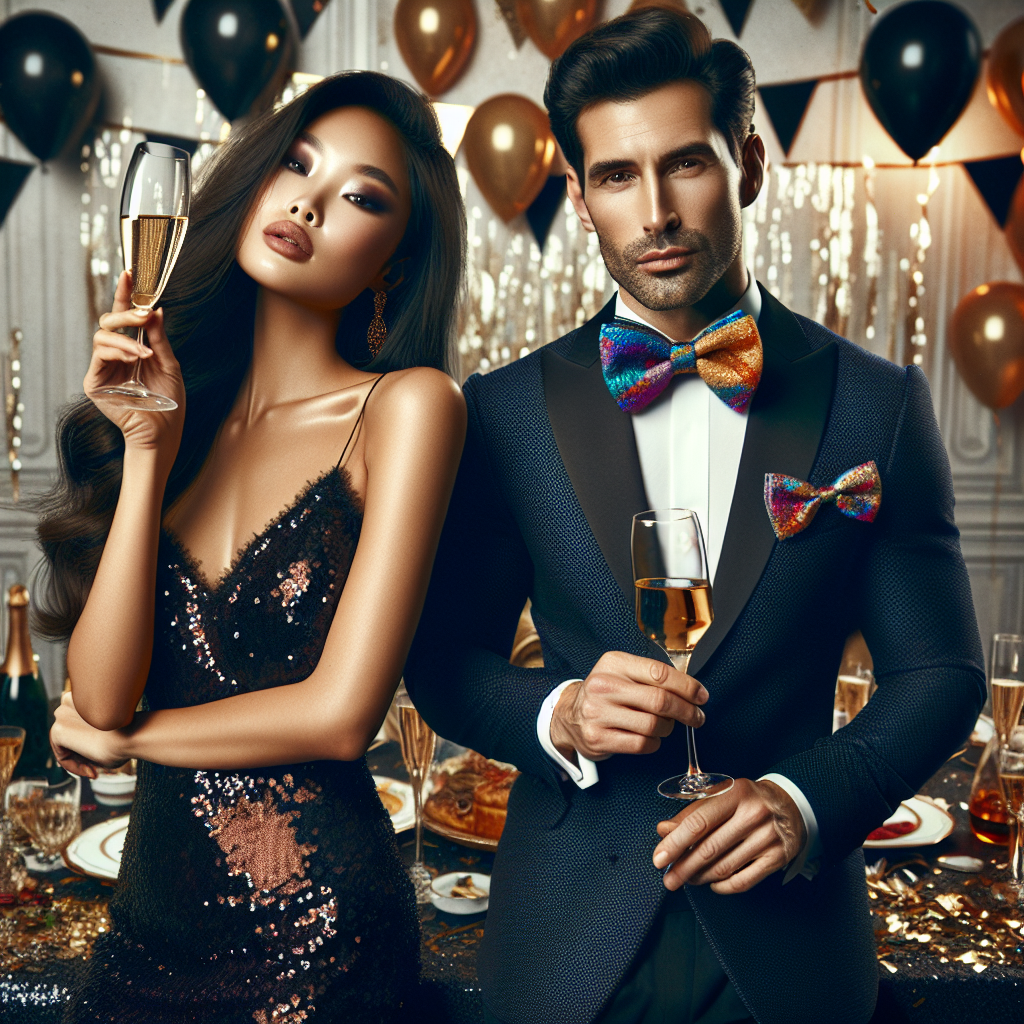 Stunning Outfits for a 40th Birthday Bash: Effortless Elegance Visualize an extravagant, elegantly set 40th Birthday Bash. There are two main subjects, one an Asian woman and the other a Middle-Eastern man each showcasing their glamorous and stylish outfits. The woman is wearing a classic black sequined evening gown while sipping champagne. On the other hand, the man showcases a sleek, tailored navy tuxedo with a vibrant colored bow tie, toasting with a glass of cognac. Balloons, confetti, and beautifully adorned tables can be seen in the background to set an atmosphere of celebration and joy.