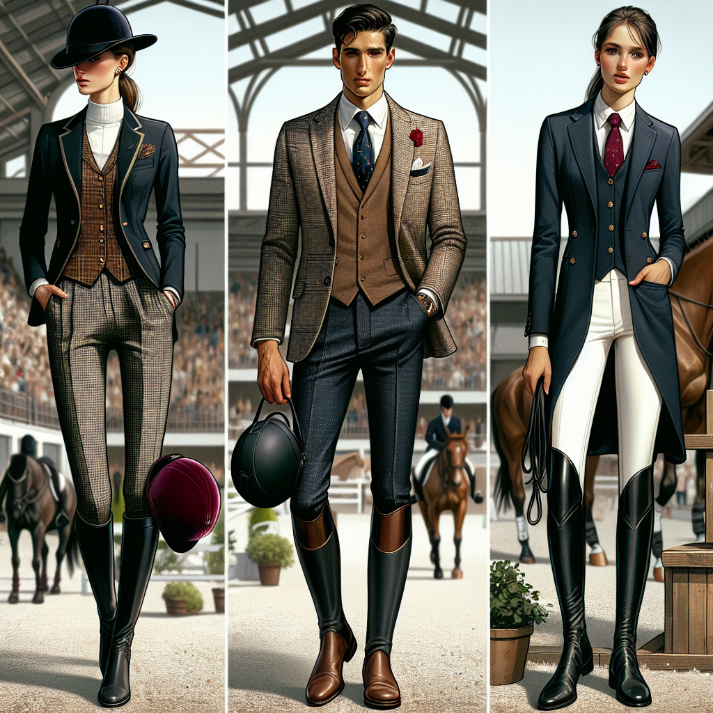 Imagine a meticulously curated fashion guide for a horse show. Visualize an array of stylish outfits on three individuals demonstrating high-class equestrian aesthetics. A Caucasian woman, elegant in her tailored jacket and breeches, a cherry-colored riding helmet tucked under her arm. A Middle-Eastern man, donning a tweed vest over a neatly pressed shirt, dark denim jeans, and polished riding boots. Lastly, a Hispanic female, striking a pose in her navy show coat, bright white stock tie, and graceful black dressage boots. All three are located in a bustling horse show environment, exuding confidence and style.