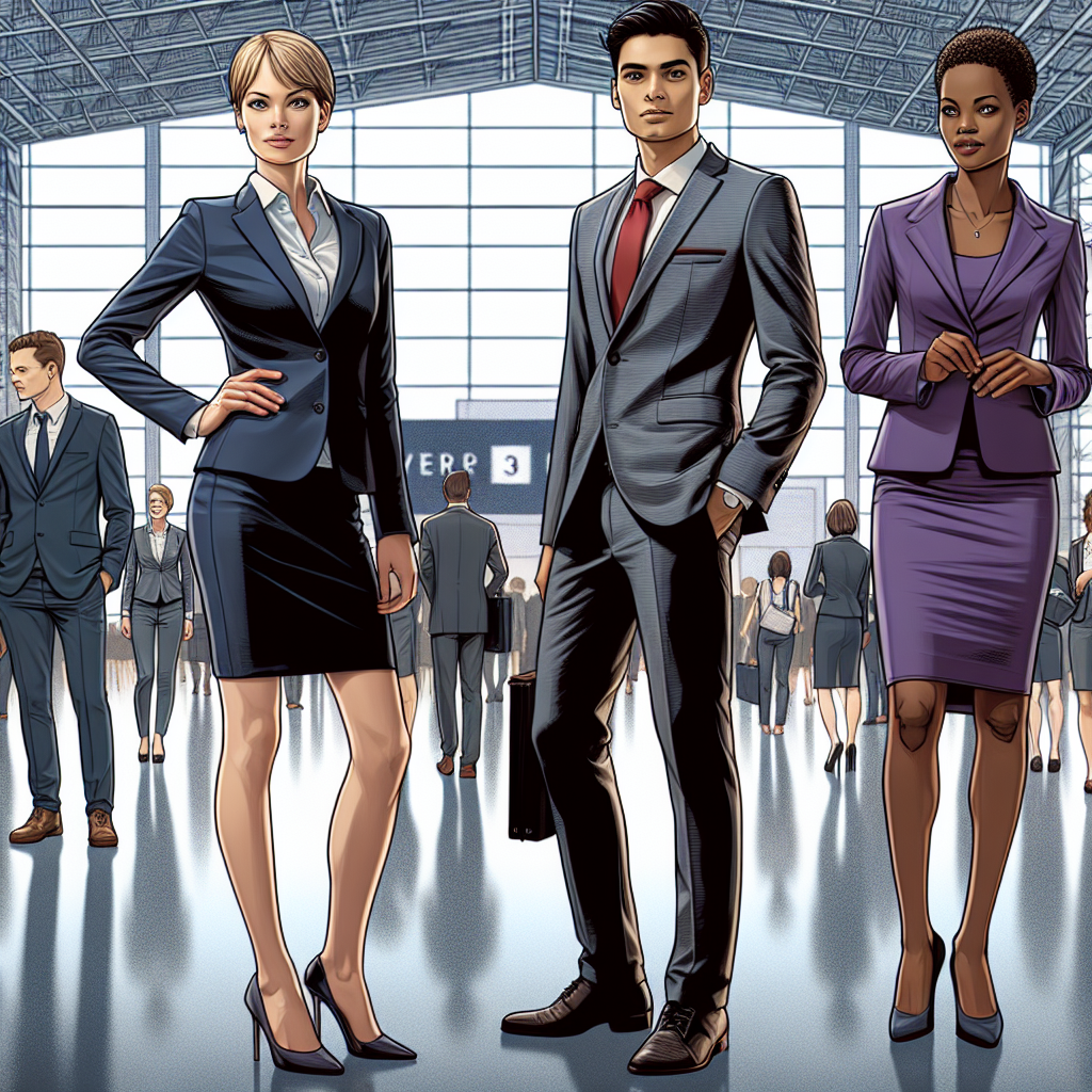 Imagine a detailed scene at a professional recruitment event. It's indoors and filled with people making career connections. In the center, three individuals are dressed to impress. The first is a young Caucasian woman wearing a navy blue business suit complete with high heels, her blonde hair is tied into a neat bun. The second is a Middle-Eastern man in his mid-thirties, sporting a sharp grey business attire and a red tie, his black hair neatly groomed. Last but not least, a older Black woman gracefully dons a royal purple business dress, her hair styled short and natural. The ambiance gives off a competitive yet friendly atmosphere.