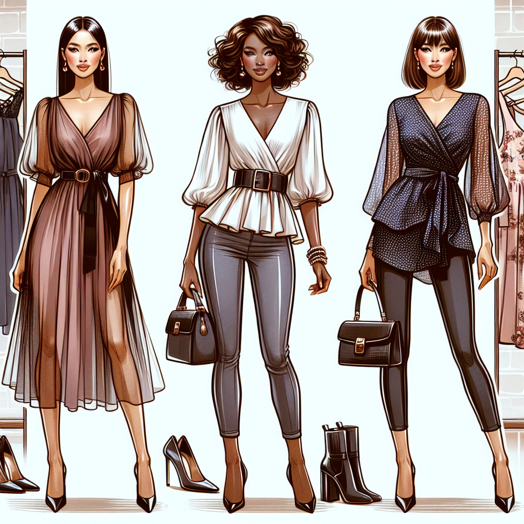 Must-Have Outfits for Rectangle Body Shapes A fashion illustration demonstrating must-have outfits for rectangle body shapes. Depict three different types of outfits suitable for various occasions. In the first image, illustrate an Asian female wearing a belted chiffon dress. The second picture should portray an African female dressed in a peplum top with skinny jeans. Lastly, showcase a Caucasian woman in a wrap dress highlighting her beautiful figure. Add details such as accessories like handbags, shoes, scarves, which enhance the outfit. The backdrop should be a stylish boutique setting to add an air of sophistication.