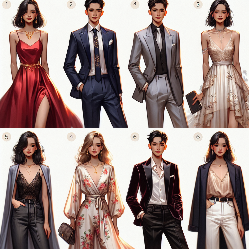 A visual tutorial guide, showing six different high-quality outfits ideal for attending a musical. The first outfit is modelled by a South Asian Female, wearing a red satin dress paired with delicate gold accessories. The second outfit features a Middle-Eastern Male in a navy tuxedo adorned with a silver tie. The third is a Black Female in a floral silk jumpsuit. The fourth outfit consists of a white male in a grey blazer and black jeans. The fifth is a Hispanic female in a pastel-colored chiffon dress, and the last one showcases an East Asian male in a velvet burgundy suit. Each model is effortlessly chic and their outfits embody different style aesthetics from elegant to casual.