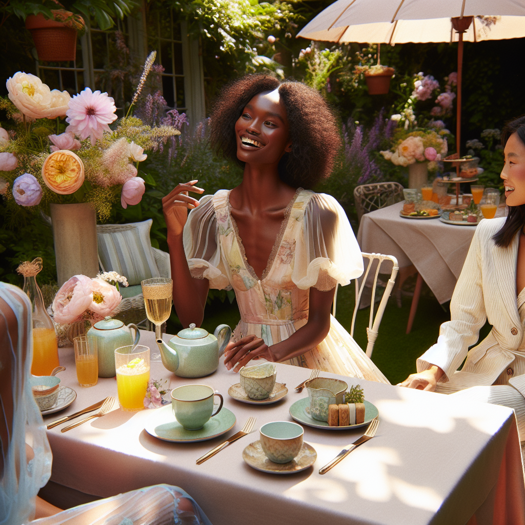 What to Wear to a Casual Tea Party: Effortless Elegance A well-lit and luxurious casual tea party setting on a warm, sunny day. It's taking place in a lovely, lush garden with blooming flowers in pastel shades. There is a variety of hot and cold refreshments, and a tastefully arranged table in the center. Seated around the table are elegantly-dressed individuals, showcasing effortless elegance. One person is a Black woman in a breezy pastel tea dress with floral accents, accessorizing with understated jewelry. Another is an Asian man in a crisp, light-colored linen suit with a soft colored tie. Both are laughing and engaging in pleasant conversation, embodying the perfect blend of casual and chic.