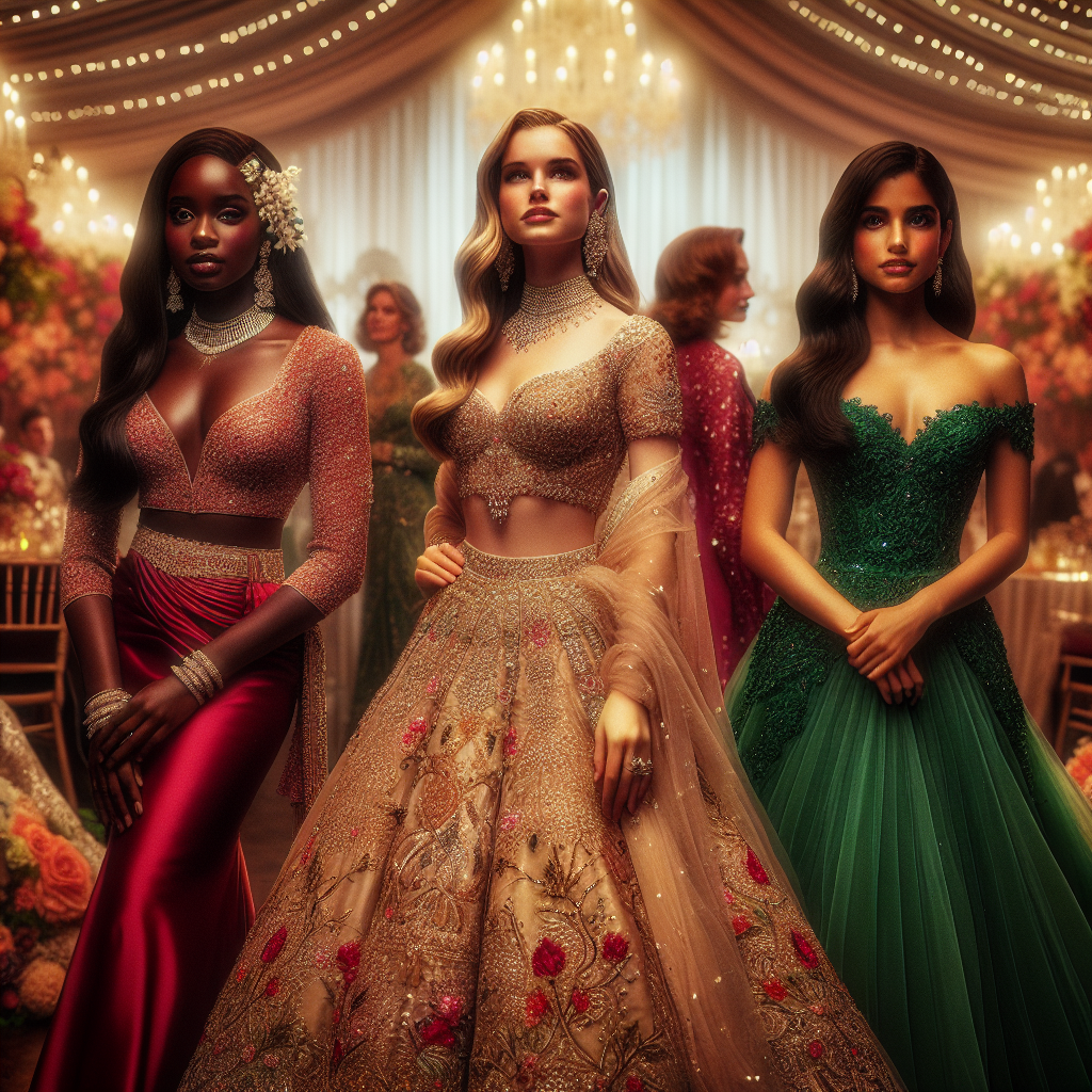 What to Wear at a Wedding: Stunning Women's Choices A detailed and vibrant scene at a wedding reception. In the centre, a confident South-Asian woman, adorned with traditional wedding attire called a Lehenga, intricately embroidered with gold threads and embellished with sparkling precious gems. To her left, a sophisticated Black woman in an elegant, floor-length satin crimson gown with a plunging neckline, her hair adorned with delicate ivory floral hairpins. To her right, a Hispanic woman, looking radiant in an emerald A-line dress made of tulle, with a lace bodice. The backdrop is a substantially decorated hall, festooned with floral arrangements and glittering fairy lights.