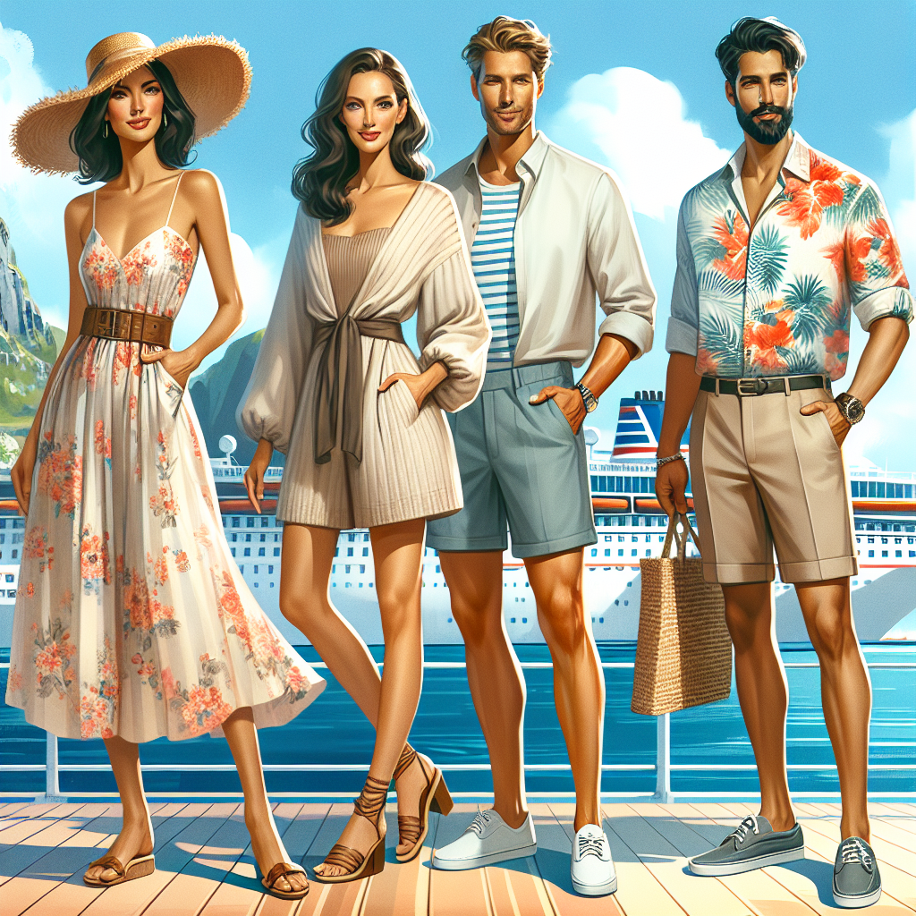Picture a vibrant scene on a cruise ship sailing towards the beautiful island of Bermuda. Include passengers of various descents wearing the perfect cruise outfits demonstrating effortless style. A Caucasian woman sporting a breezy floral sundress paired with woven beach hat, while a Middle-Eastern man stands beside her in a light linen shirt and shorts, boat shoes finishing the look. A Black lady sparkles in a stylish jumper with strappy sandals, next to a South Asian man looking relaxed in a Hawaiian shirt, khaki slacks, and deck shoes. These outfits provide style inspiration for a Bermuda Cruise.