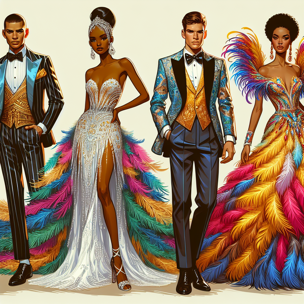 Stunning Outfits for Pageants: What to Wear Create a diverse and interesting illustration showcasing a range of stunning pageant outfits. Include a Hispanic male in a dapper tuxedo with an eye-catching boutonnière, a Middle-Eastern woman radiating elegance in an intricately beaded gown, a Black woman striking a pose in a vibrant and flamboyantly feathered dress, and a Caucasian man showcasing a traditional, yet stylish, three-piece suit. The outfits should be rich in color, texture, and style, perfectly capturing the glamour, elegance, and extravaganza associated with pageants.