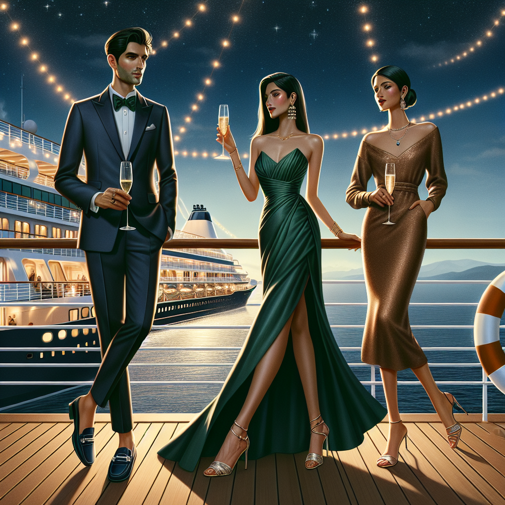 Visual representation of the concept of 'Stunning Cruise Dinner Outfits'. Depict an outdoor deck of a luxury cruise ship under a starlit sky; the ship railing is adorned with fairy lights. There are three elegantly dressed individuals. A Middle-Eastern man in a sophisticated navy-blue suit and loafers with a crystal champagne glass in his hand. A South Asian woman in a floor-length emerald green dress and metallic gold heels is with him. Another figure, a Hispanic woman, is wearing a chic, ankle-length, warm-toned cocktail dress paired with delicate drop earrings and stilettos. They all embody the perfect match for a cruise dinner.